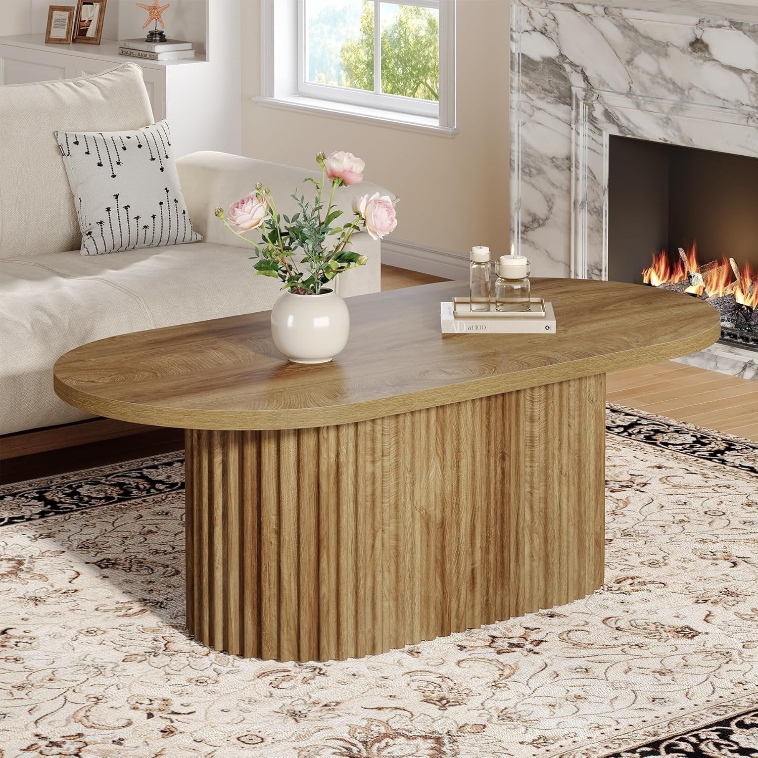 Tribesigns Ovale Salontafel, Landelijke Bijzettafel Hout met Geribbeld Patroon voor Woonkamer