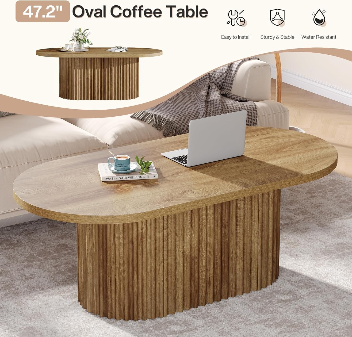 Tribesigns Ovale Salontafel, Landelijke Bijzettafel Hout met Geribbeld Patroon voor Woonkamer