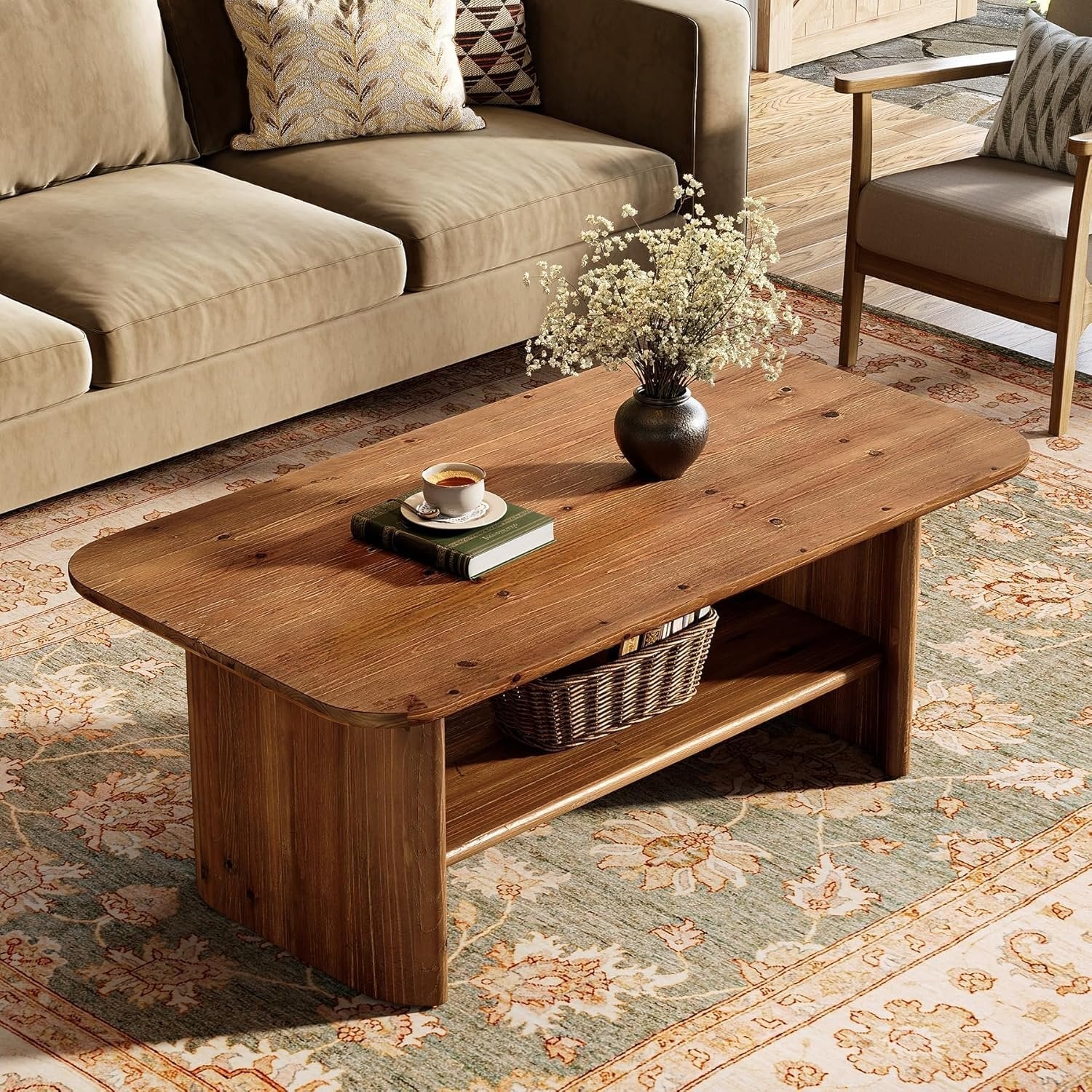 Tribesigns Table basse en bois massif avec espace de rangement, 120 cm de long rectangulaire à 2 niveaux