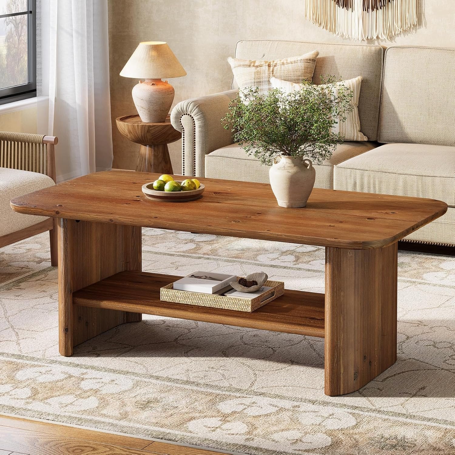 Tribesigns Table basse en bois massif avec espace de rangement, 120 cm de long rectangulaire à 2 niveaux