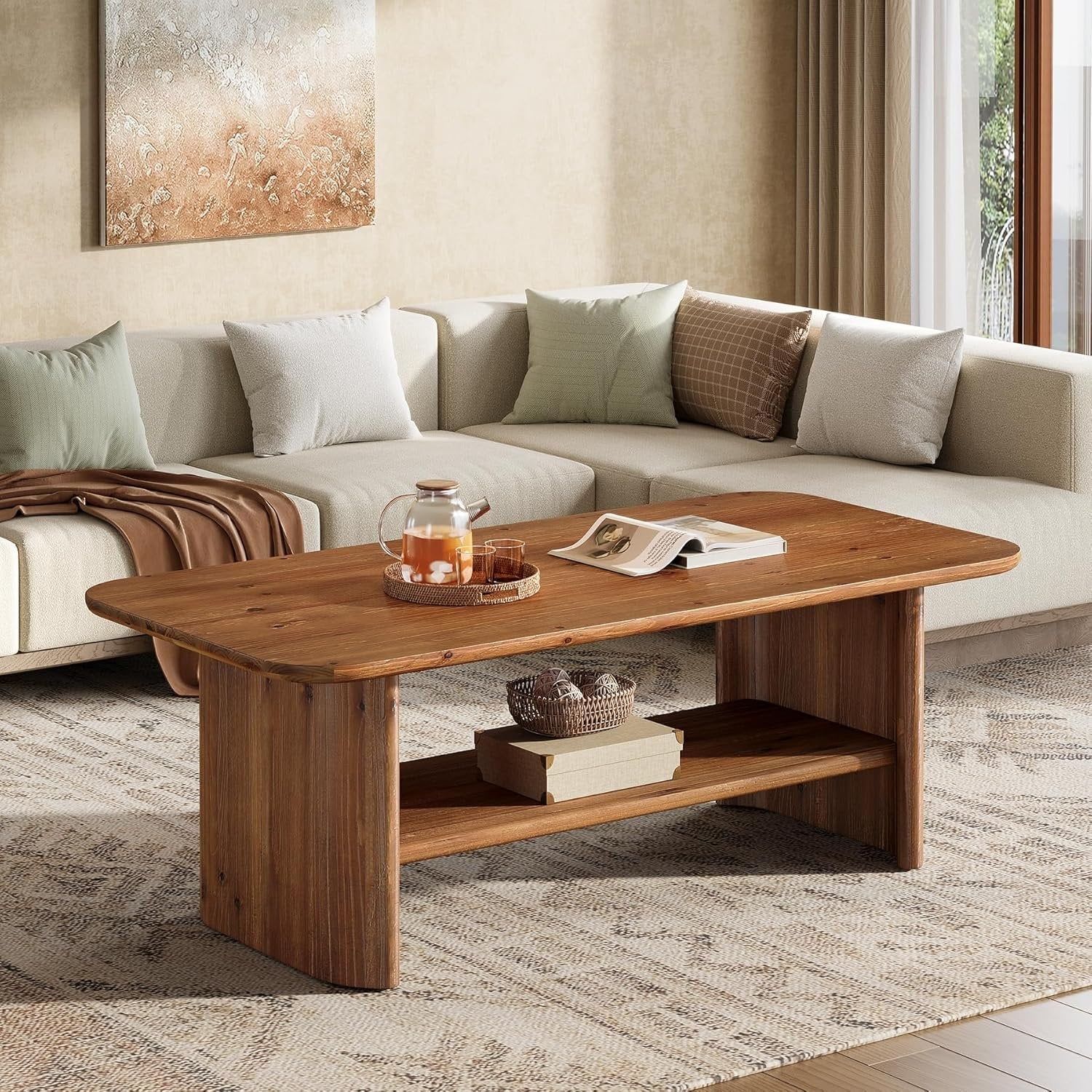 Tribesigns Table basse en bois massif avec espace de rangement, 120 cm de long rectangulaire à 2 niveaux