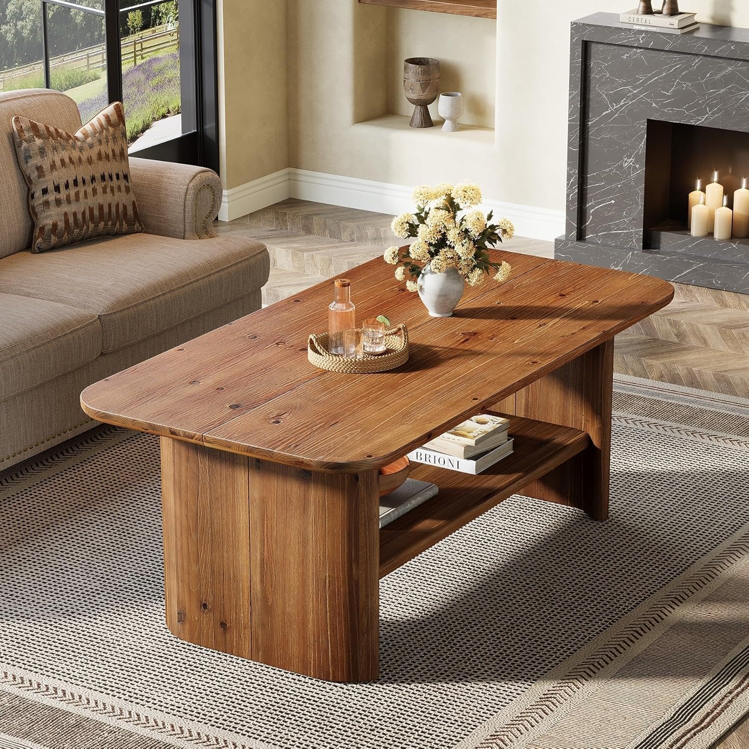 Tribesigns Table basse en bois massif avec espace de rangement, 120 cm de long rectangulaire à 2 niveaux