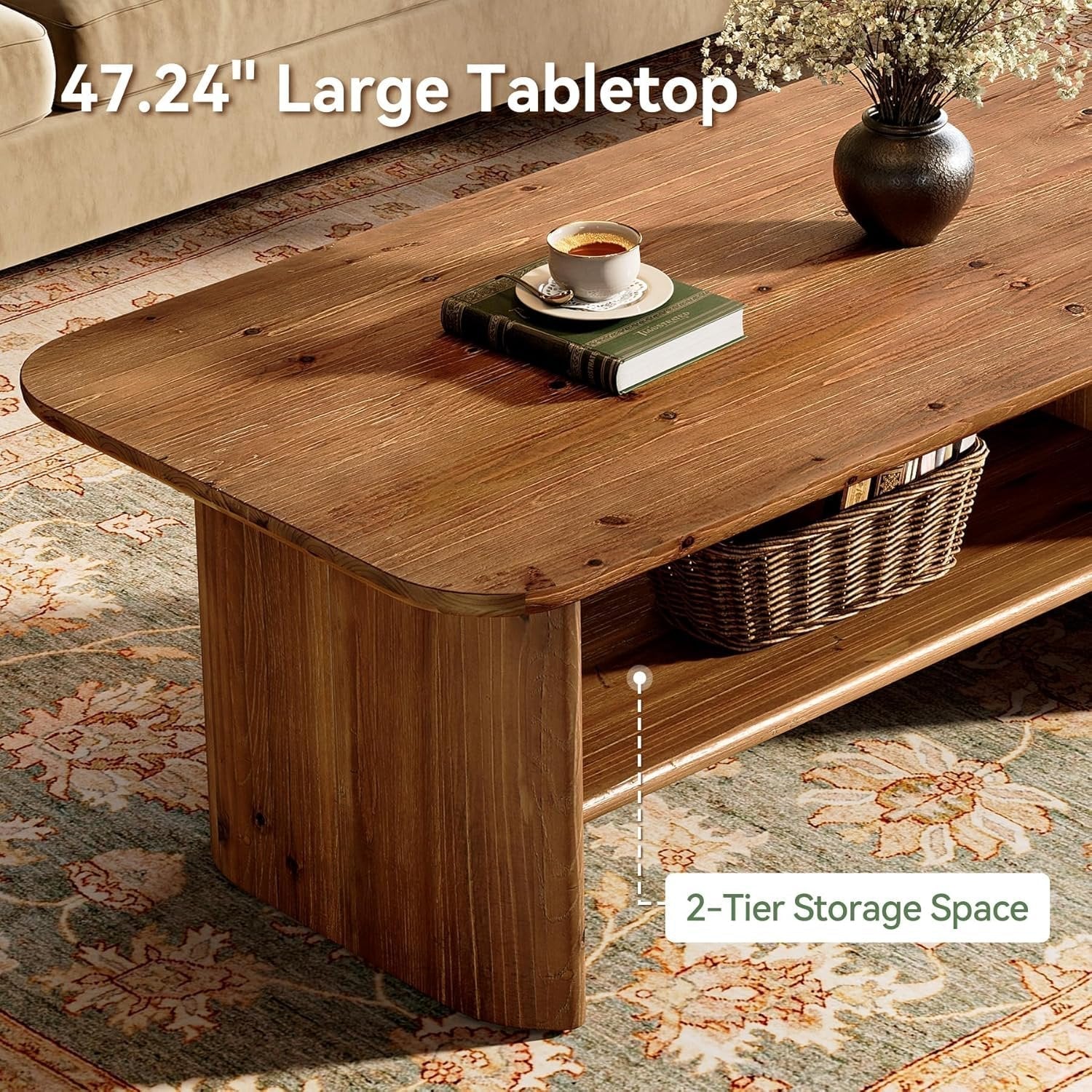 Tribesigns Table basse en bois massif avec espace de rangement, 120 cm de long rectangulaire à 2 niveaux
