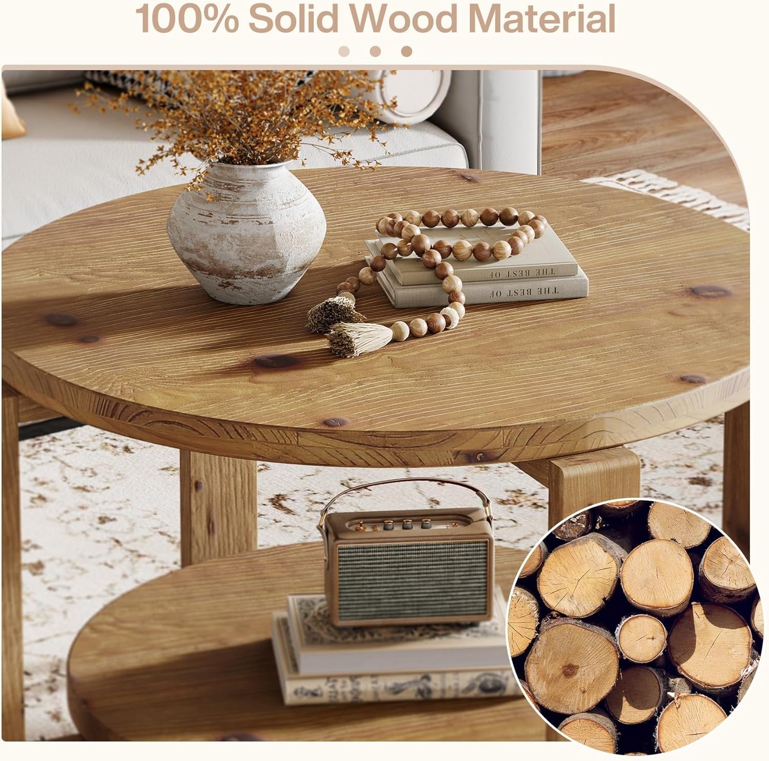 Tribesigns Table basse ronde en bois massif 80 cm 2 niveaux