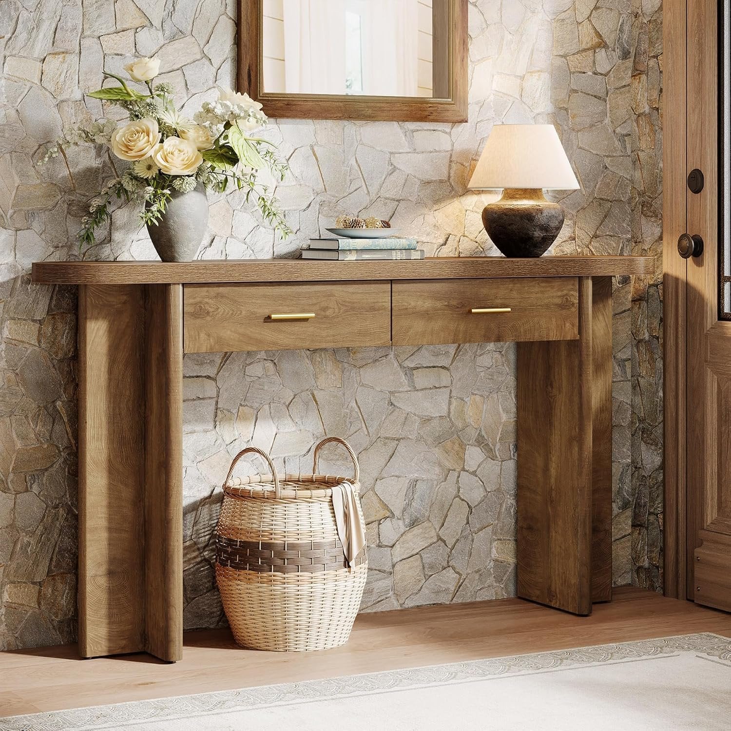Tribesigns Console ovale en bois de 160 cm de long de style champêtre avec 2 tiroirs et un espace de rangement