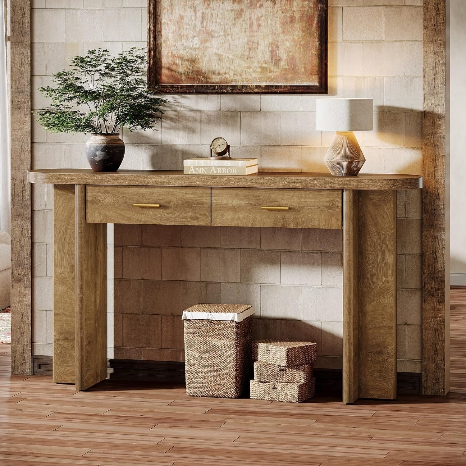 Tribesigns Console ovale en bois de 160 cm de long de style champêtre avec 2 tiroirs et un espace de rangement