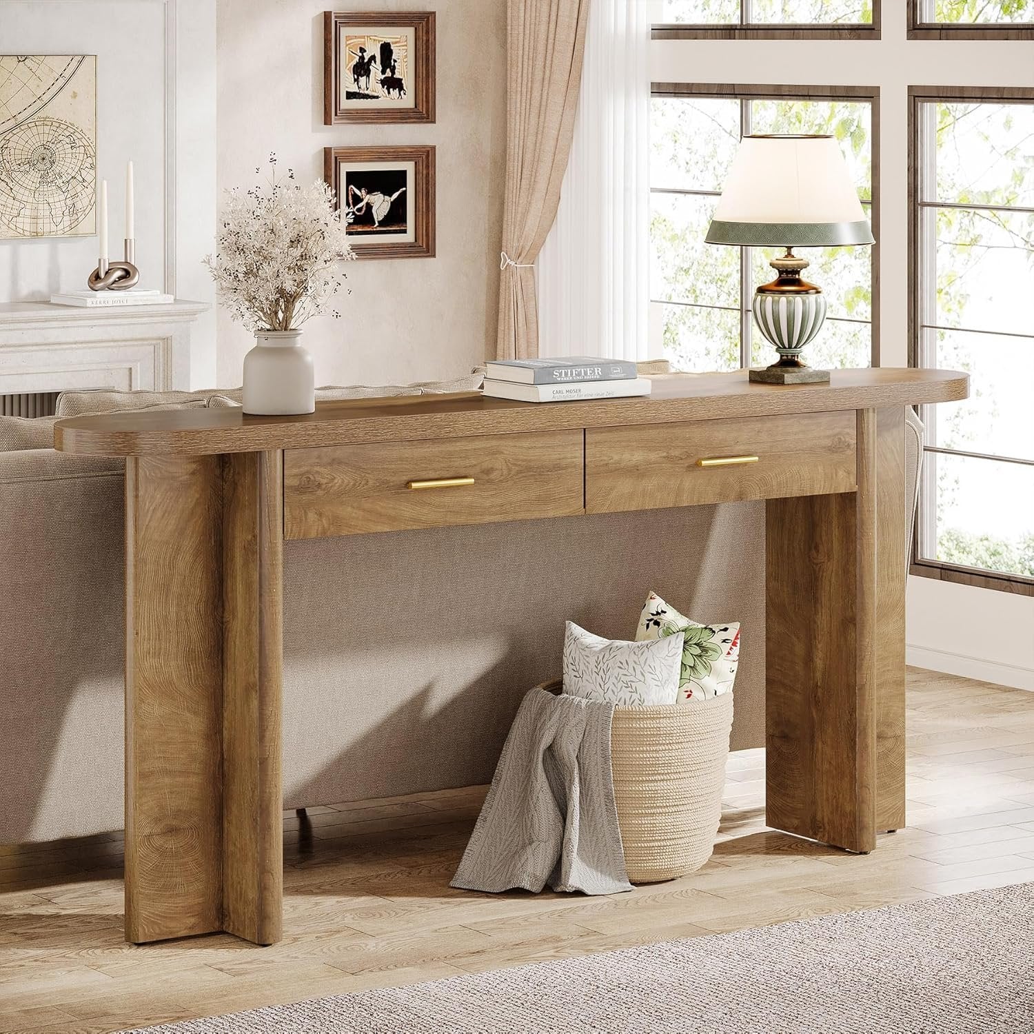 Tribesigns Console ovale en bois de 160 cm de long de style champêtre avec 2 tiroirs et un espace de rangement