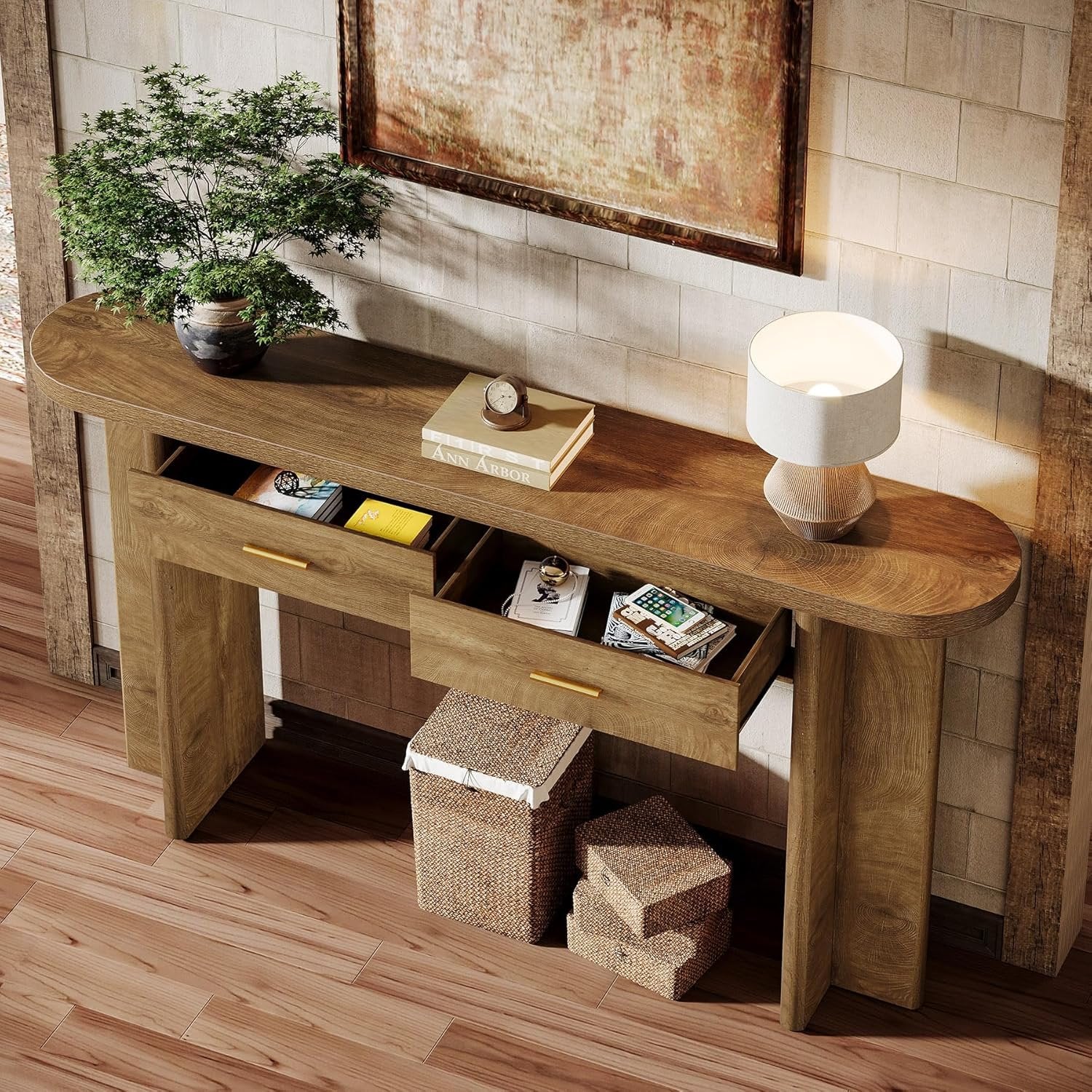 Tribesigns Console ovale en bois de 160 cm de long de style champêtre avec 2 tiroirs et un espace de rangement