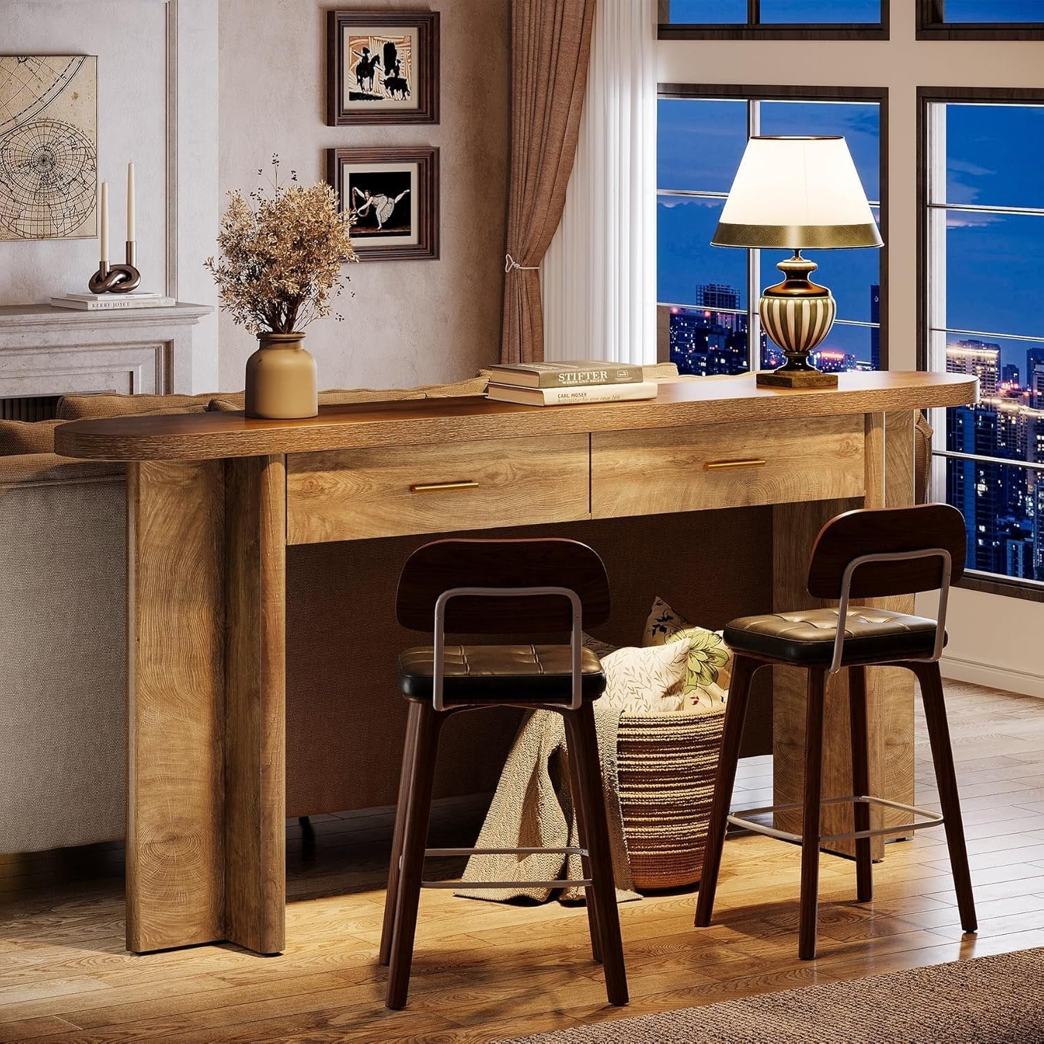 Tribesigns Console ovale en bois de 160 cm de long de style champêtre avec 2 tiroirs et un espace de rangement