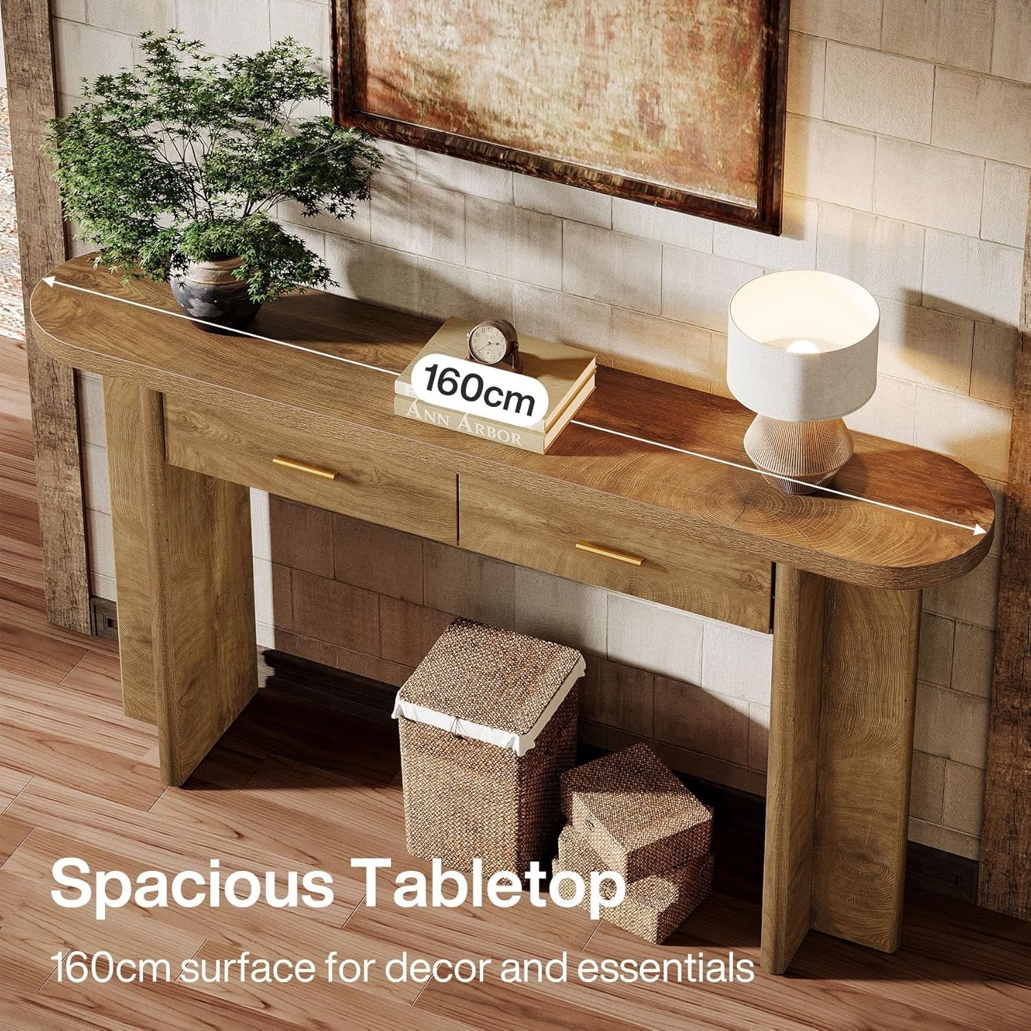 Tribesigns Console ovale en bois de 160 cm de long de style champêtre avec 2 tiroirs et un espace de rangement