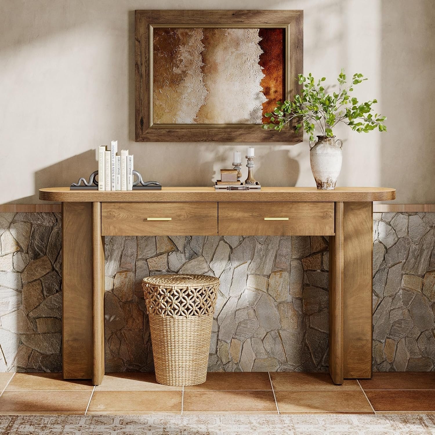 Tribesigns Console ovale en bois de 160 cm de long de style champêtre avec 2 tiroirs et un espace de rangement