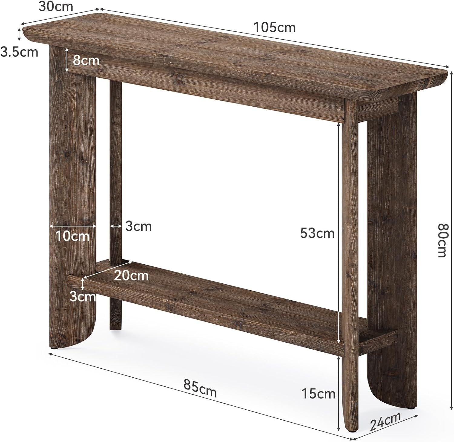 Console de 105 cm avec rangement, Table d'appoint style ferme à 2 niveaux pour salon, couloir et entrée