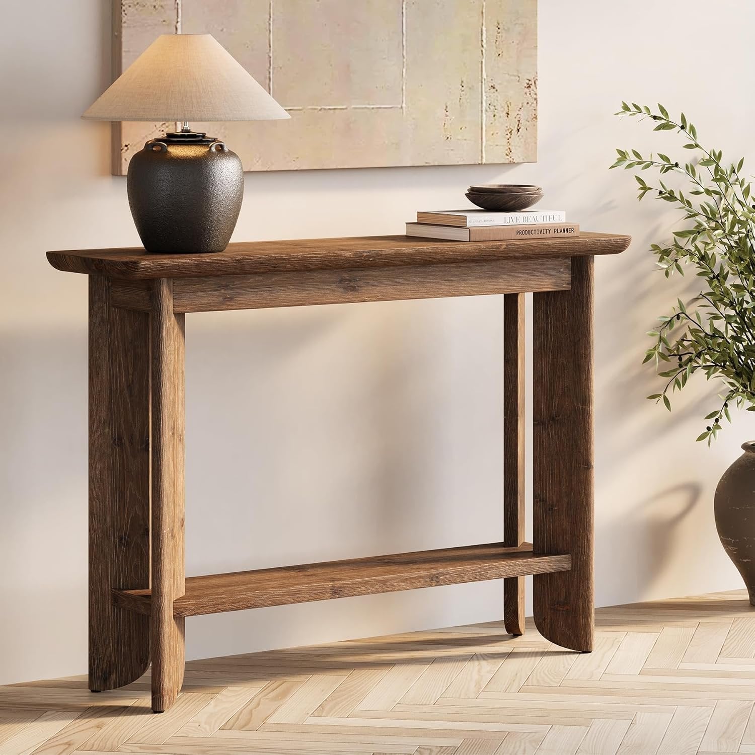 Console de 105 cm avec rangement, Table d'appoint style ferme à 2 niveaux pour salon, couloir et entrée