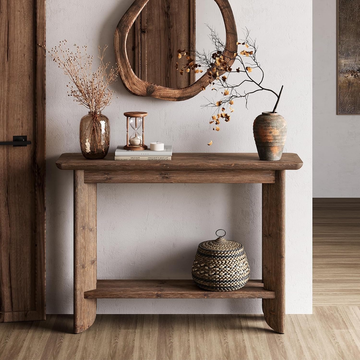 Console de 105 cm avec rangement, Table d'appoint style ferme à 2 niveaux pour salon, couloir et entrée