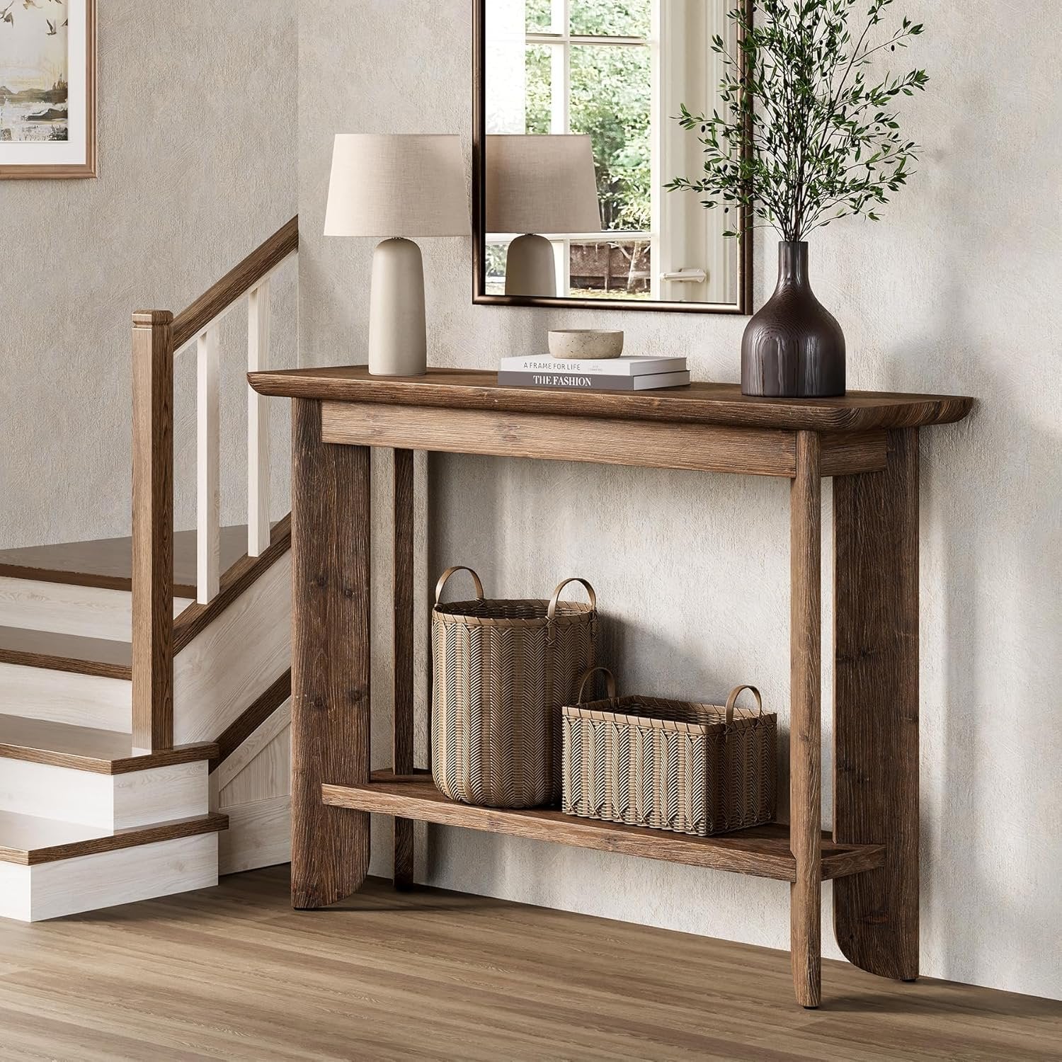Console de 105 cm avec rangement, Table d'appoint style ferme à 2 niveaux pour salon, couloir et entrée