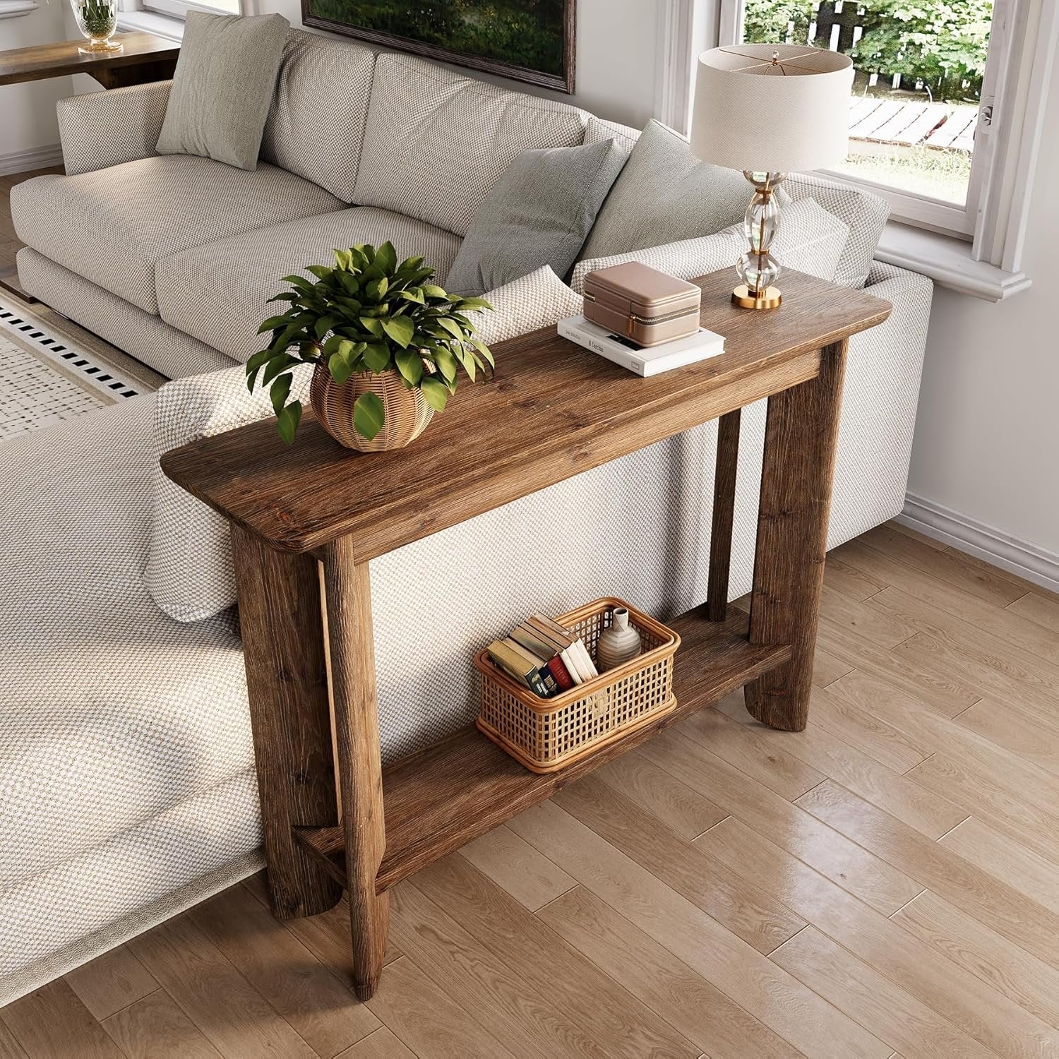 Console de 105 cm avec rangement, Table d'appoint style ferme à 2 niveaux pour salon, couloir et entrée