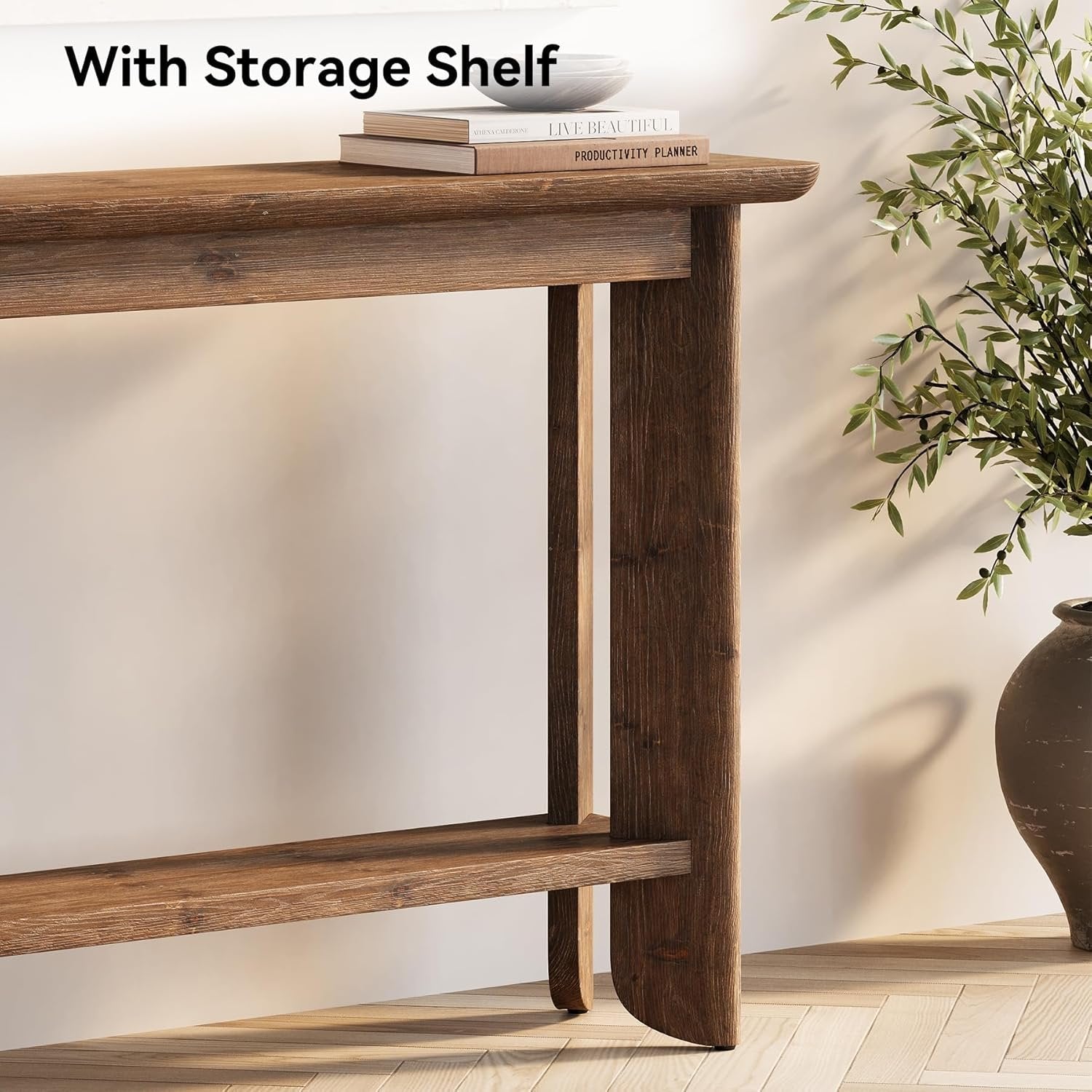 Console de 105 cm avec rangement, Table d'appoint style ferme à 2 niveaux pour salon, couloir et entrée