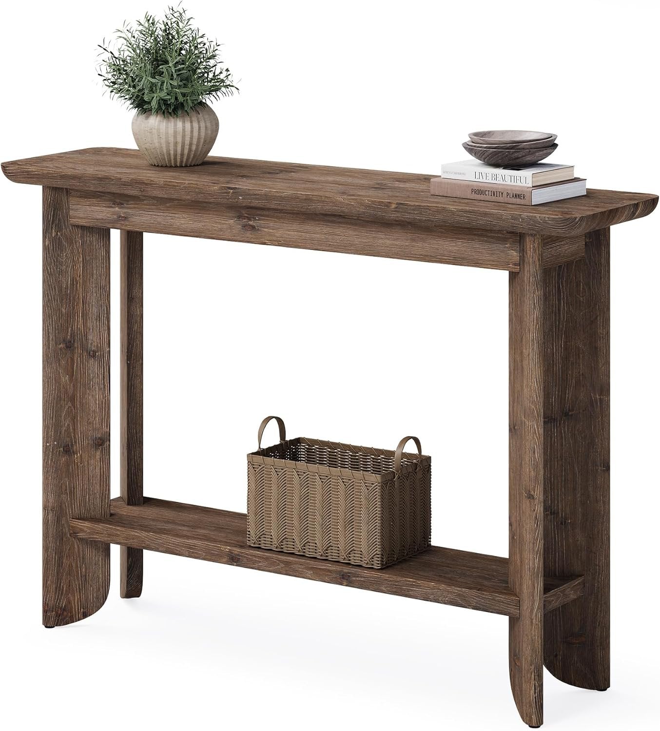 Console de 105 cm avec rangement, Table d'appoint style ferme à 2 niveaux pour salon, couloir et entrée