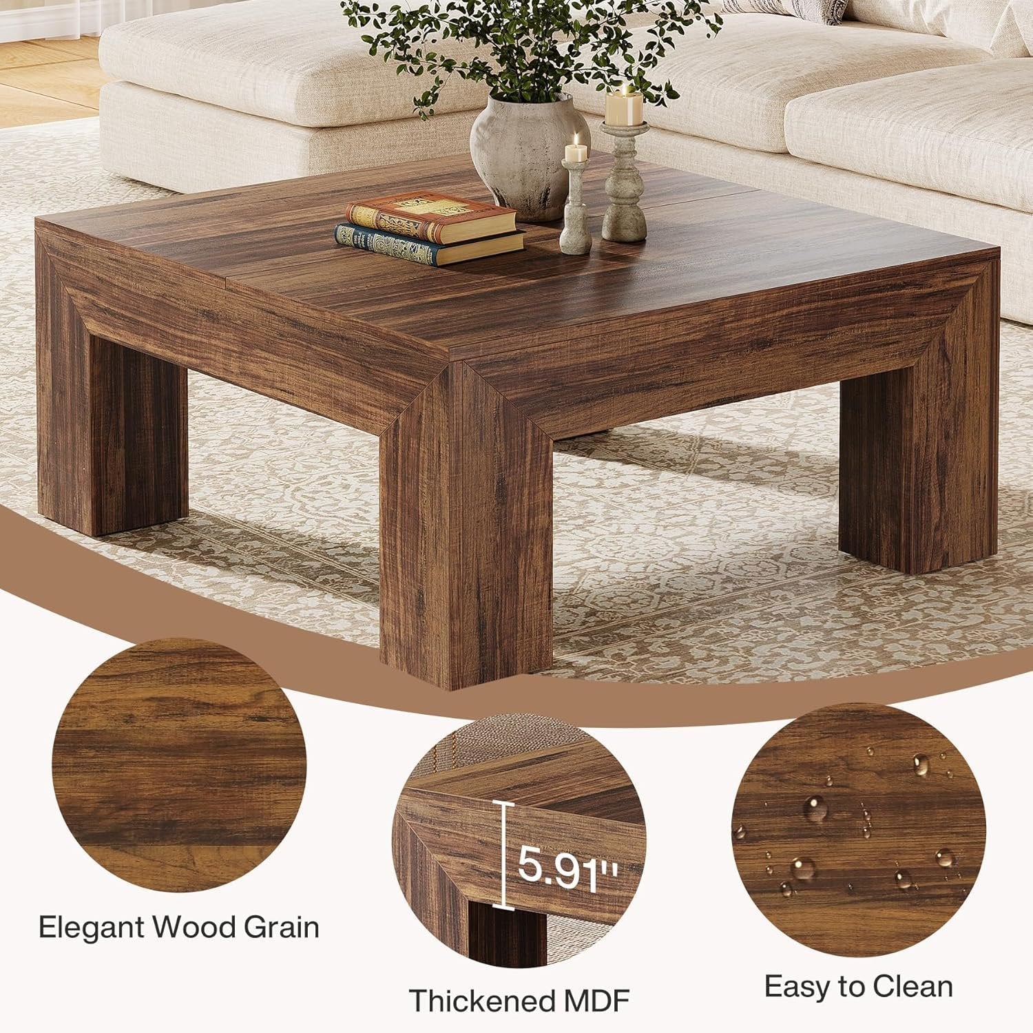 Tribesigns Table Basse Carrée pour Salon 100 x 100 x 50 cm, Table de Salon Bois Table d'appoint Farmhouse
