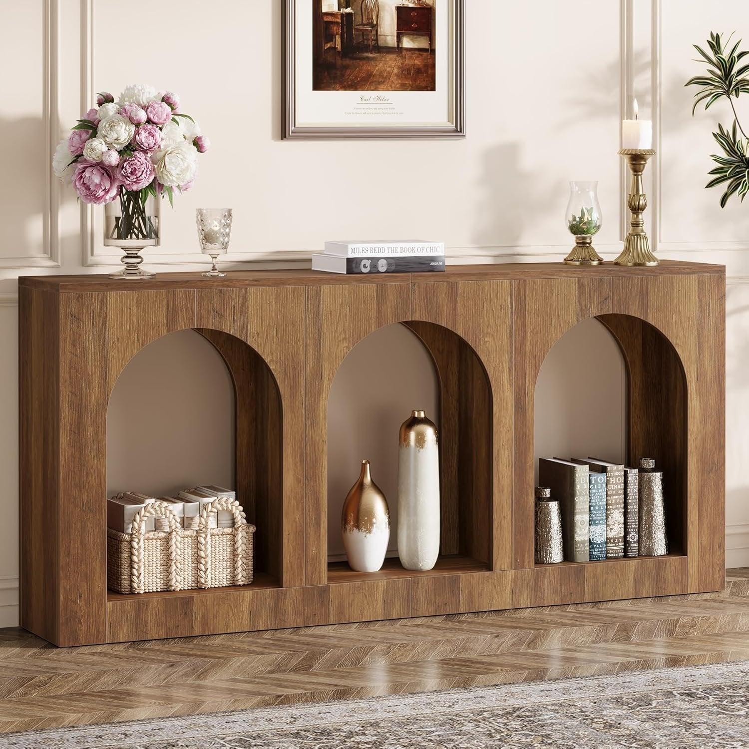 Console de 160 cm table étroite en bois avec 3 étagères cintrées, Table basse à placer derrière le canapé