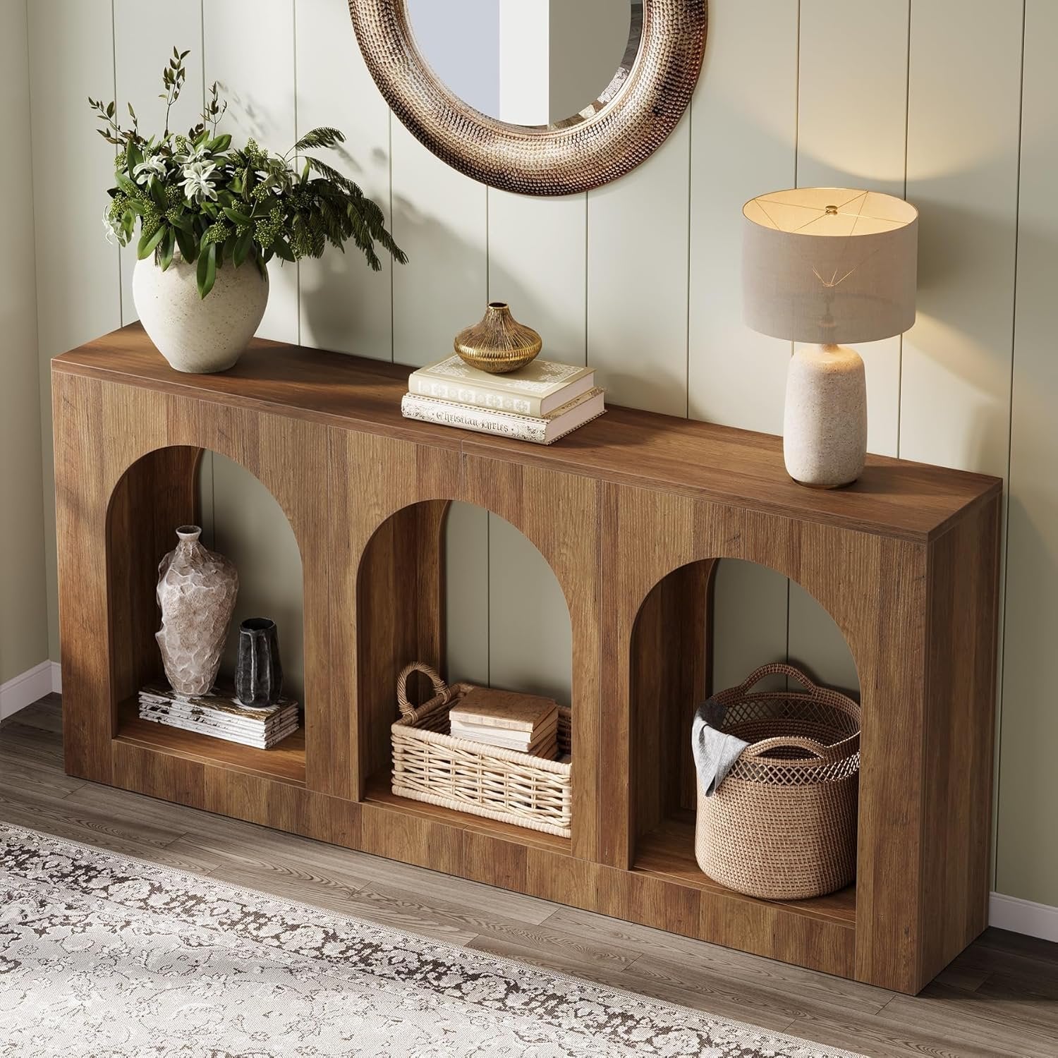 Console de 160 cm table étroite en bois avec 3 étagères cintrées, Table basse à placer derrière le canapé