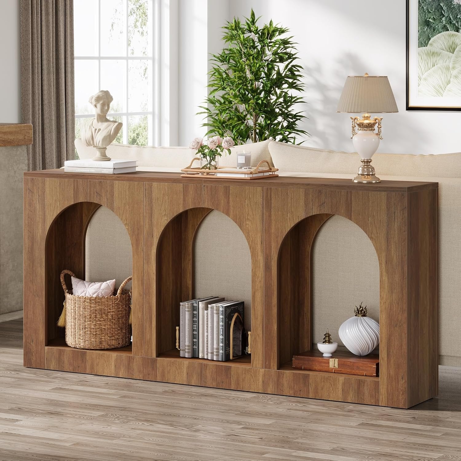 Console de 160 cm table étroite en bois avec 3 étagères cintrées, Table basse à placer derrière le canapé