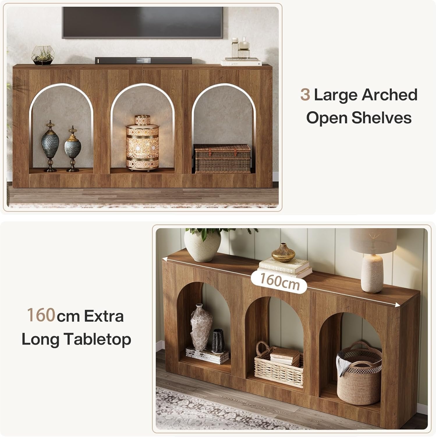 Console de 160 cm table étroite en bois avec 3 étagères cintrées, Table basse à placer derrière le canapé