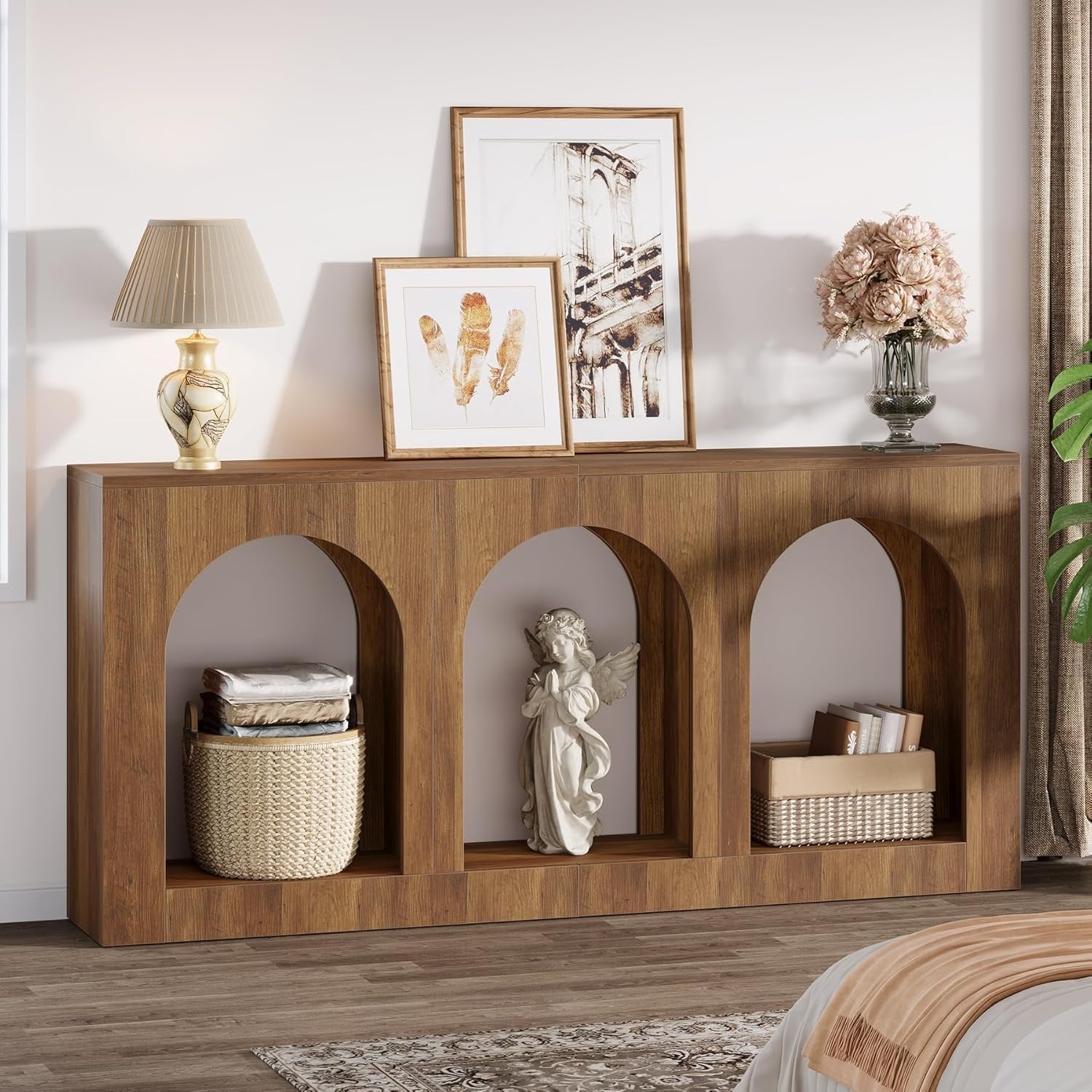 Console de 160 cm table étroite en bois avec 3 étagères cintrées, Table basse à placer derrière le canapé