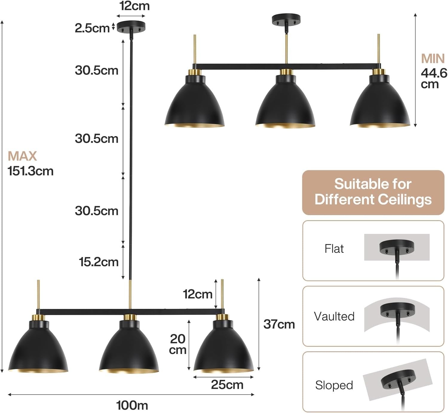Tribesigns Suspension de style vintage à 3 lumières pour table à manger, Luminaire suspendu industriel noir et doré avec tiges réglables