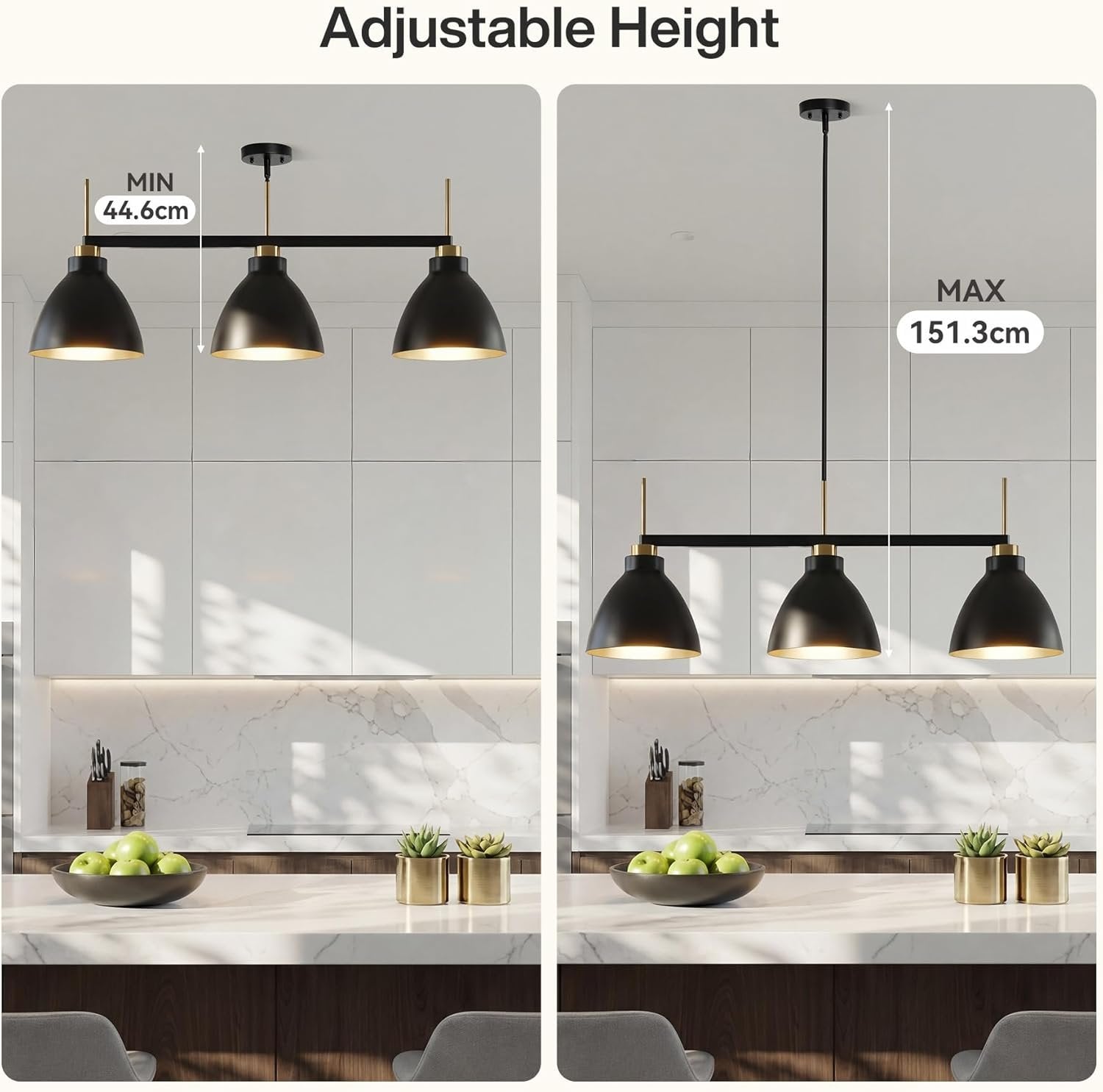 Tribesigns Suspension de style vintage à 3 lumières pour table à manger, Luminaire suspendu industriel noir et doré avec tiges réglables