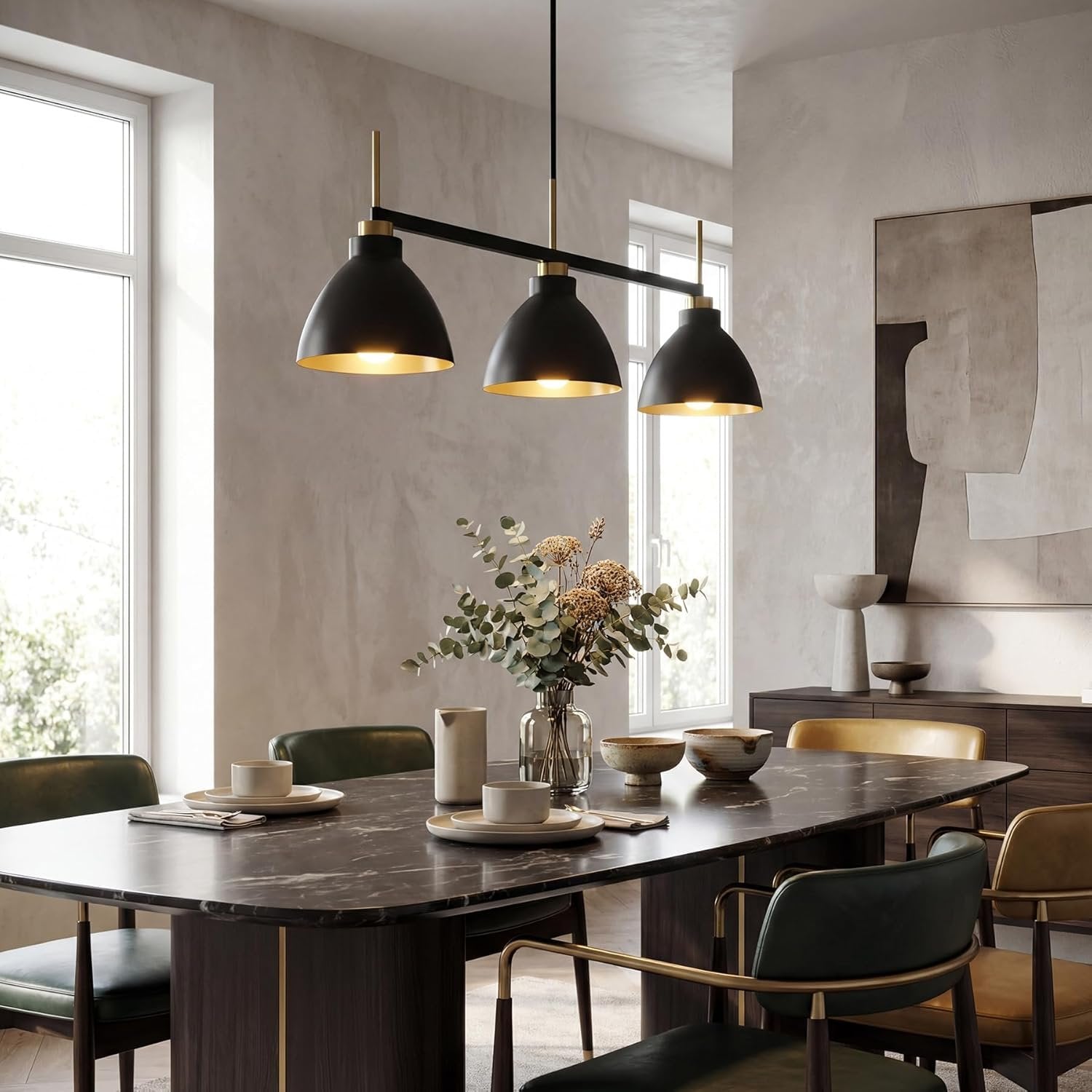 Tribesigns Suspension de style vintage à 3 lumières pour table à manger, Luminaire suspendu industriel noir et doré avec tiges réglables