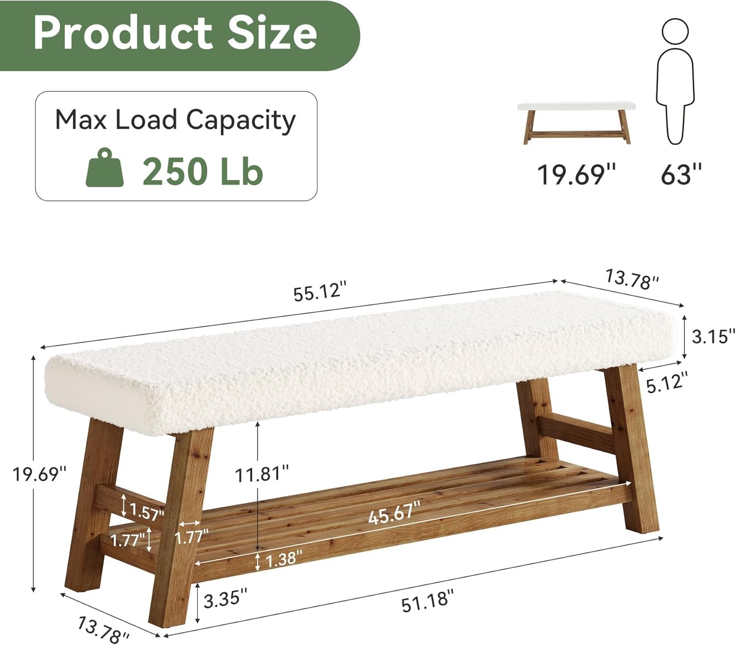 Banc à chaussures capitonné 140 cm, Banc à 2 niveaux avec rangement, banc d'appoint en bois massif, style champêtre, blanc et marron