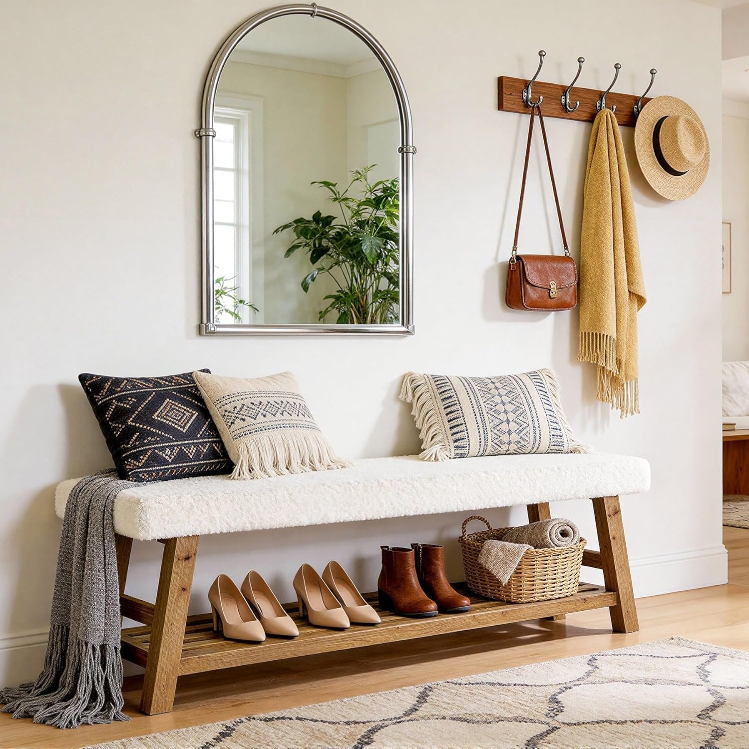 Banc à chaussures capitonné 140 cm, Banc à 2 niveaux avec rangement, banc d'appoint en bois massif, style champêtre, blanc et marron