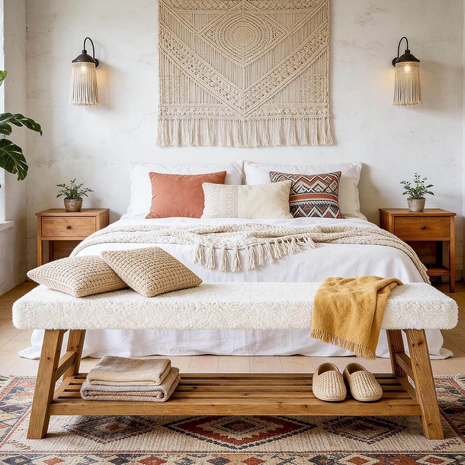 Banc à chaussures capitonné 140 cm, Banc à 2 niveaux avec rangement, banc d'appoint en bois massif, style champêtre, blanc et marron