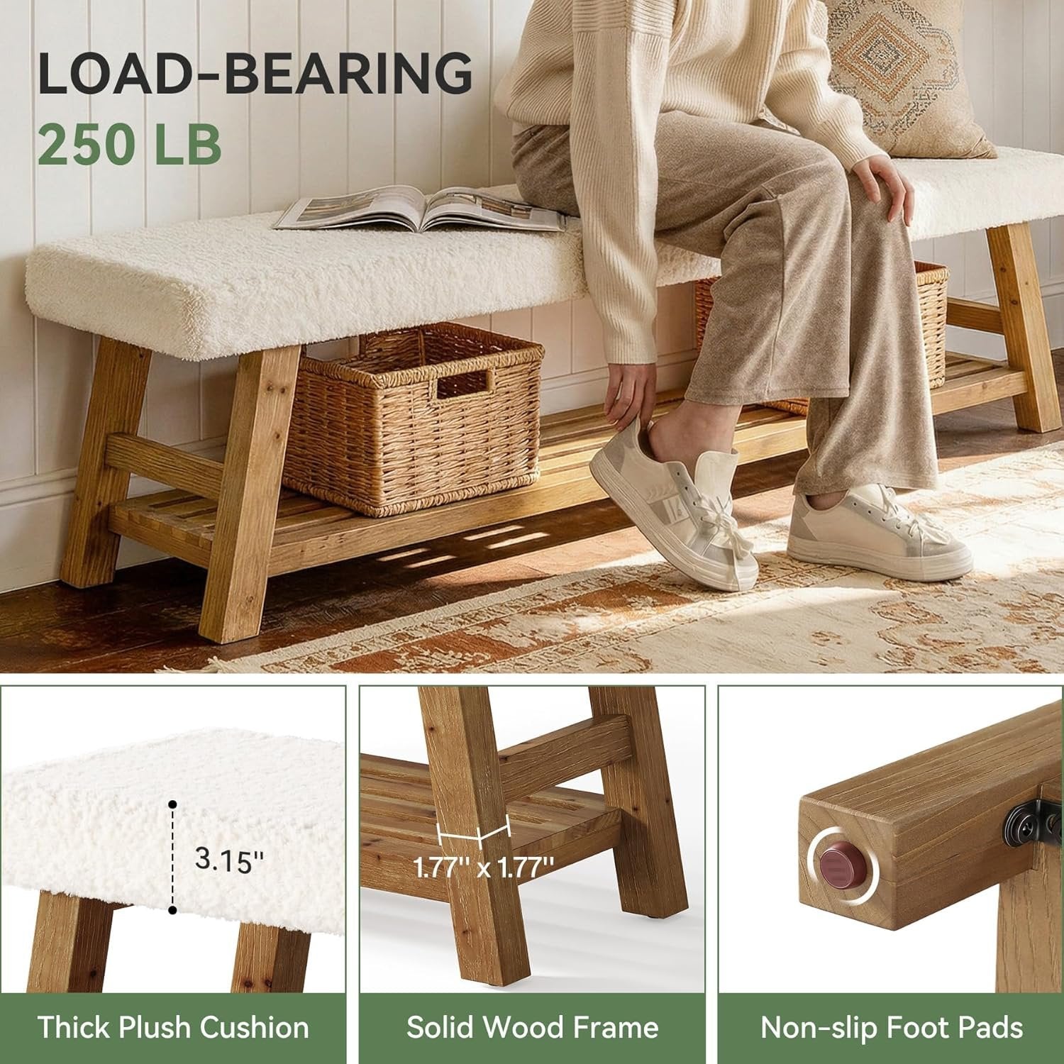 Banc à chaussures capitonné 140 cm, Banc à 2 niveaux avec rangement, banc d'appoint en bois massif, style champêtre, blanc et marron