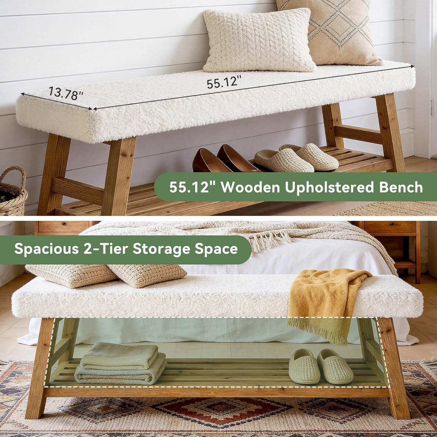 Banc à chaussures capitonné 140 cm, Banc à 2 niveaux avec rangement, banc d'appoint en bois massif, style champêtre, blanc et marron