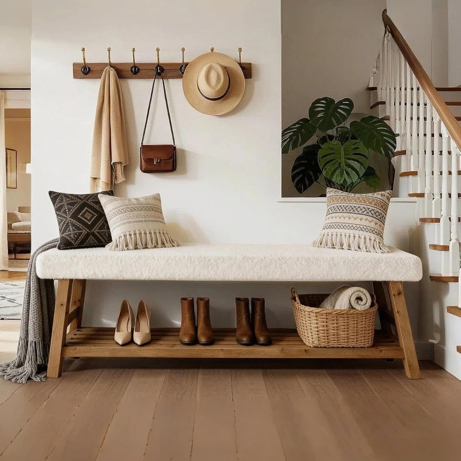 Banc à chaussures capitonné 140 cm, Banc à 2 niveaux avec rangement, banc d'appoint en bois massif, style champêtre, blanc et marron