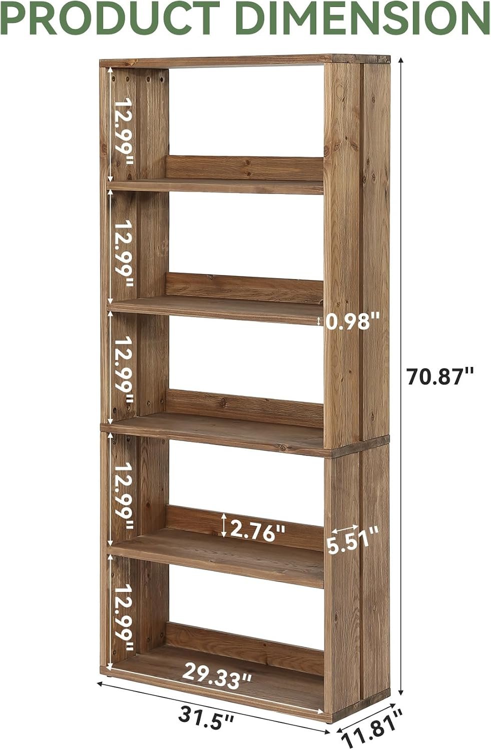 Tribesigns Bibliothèque en bois massif, 180 cm, 5 étagères, brun rustique, Compartiments ouverts, style champêtre