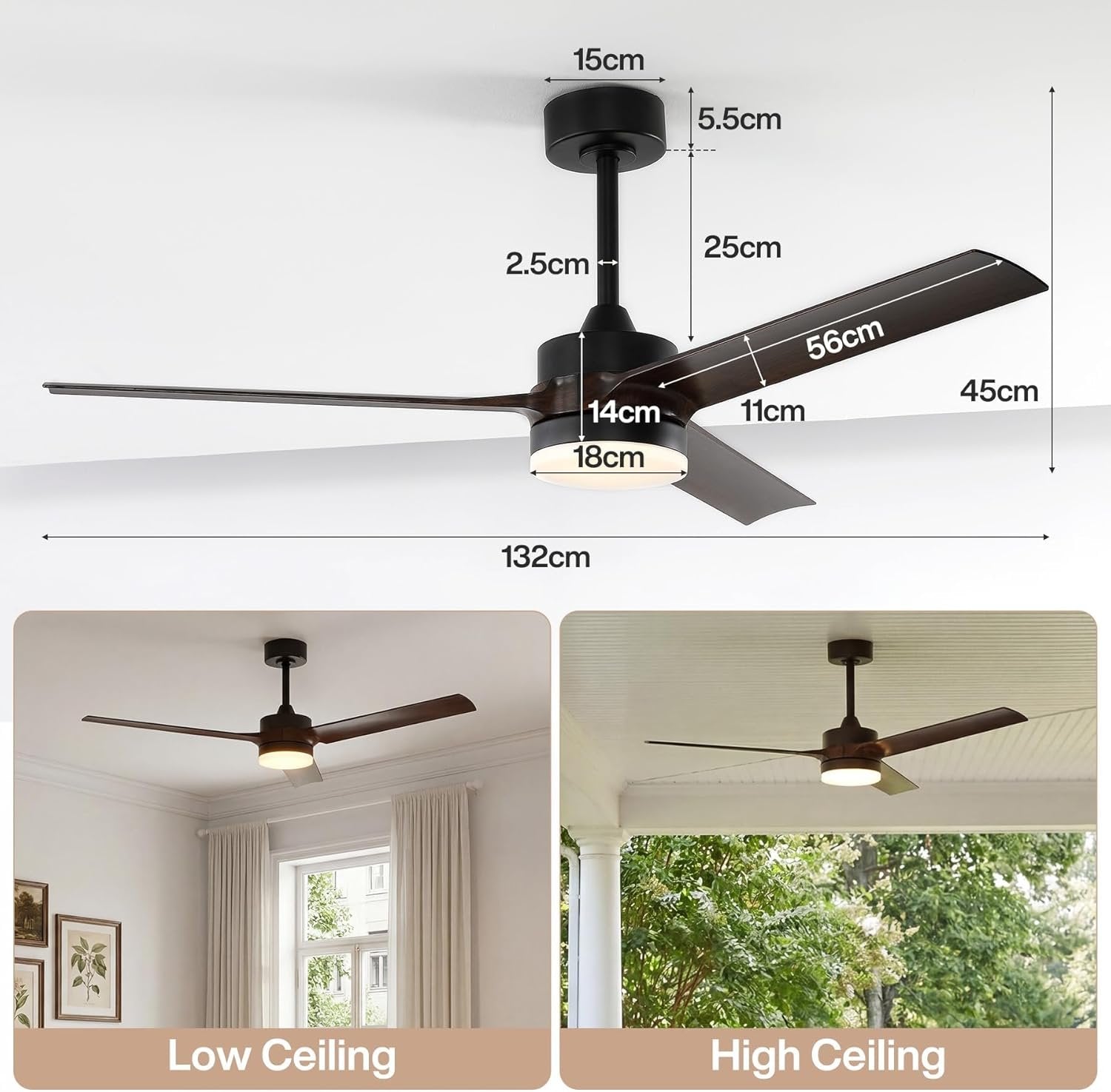 Tribesigns Ventilateur de plafond de 130 cm avec éclairage et télécommande, éclairage LED à intensité variable, fonction réversible, moteur CC silencieux