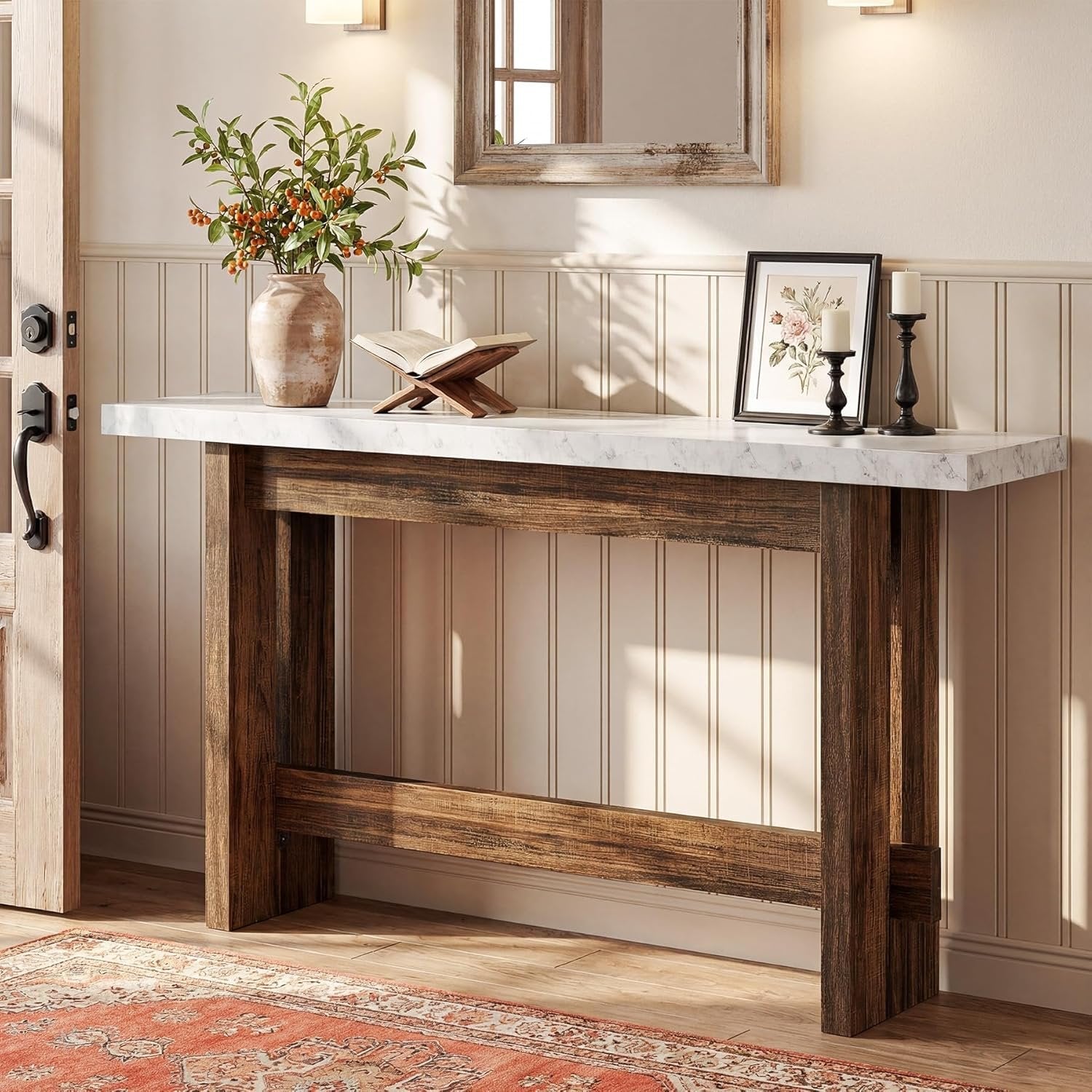 Tribesigns Console de 160 cm style ferme avec plateau effet marbre
