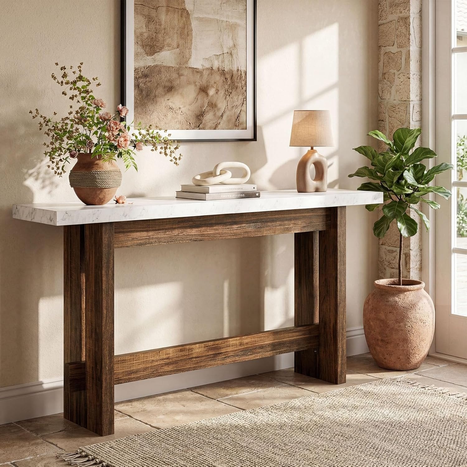 Tribesigns Console de 160 cm style ferme avec plateau effet marbre