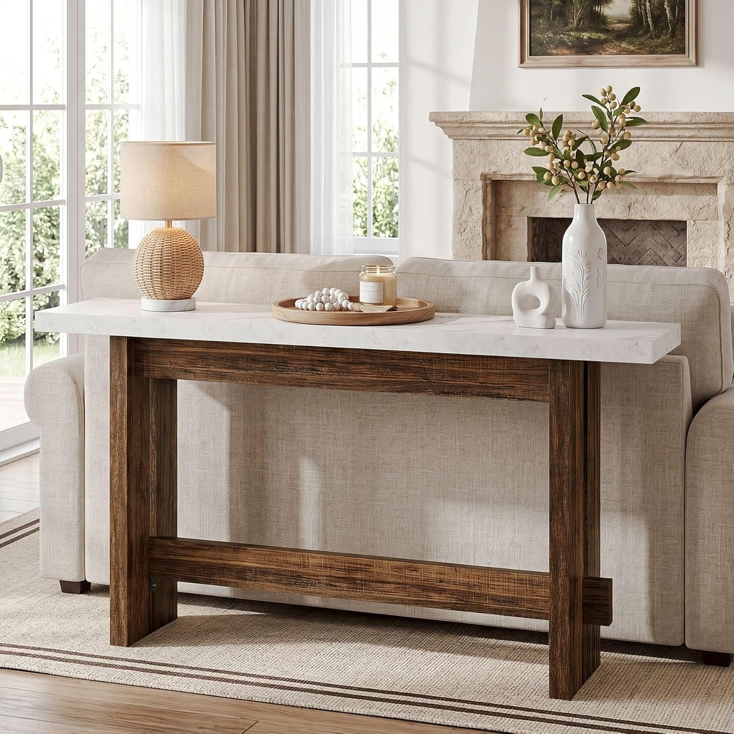 Tribesigns Console de 160 cm style ferme avec plateau effet marbre