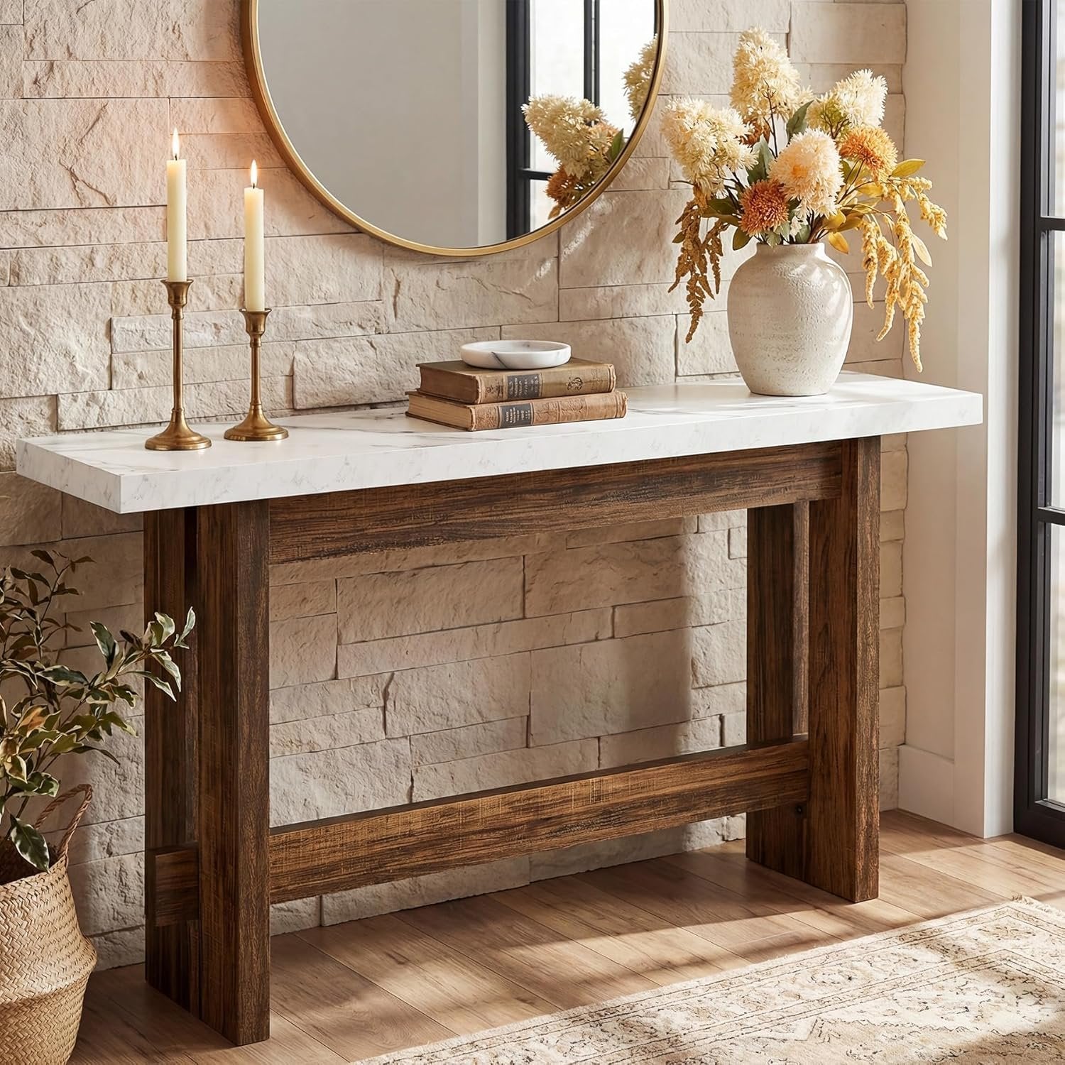 Tribesigns Console de 160 cm style ferme avec plateau effet marbre