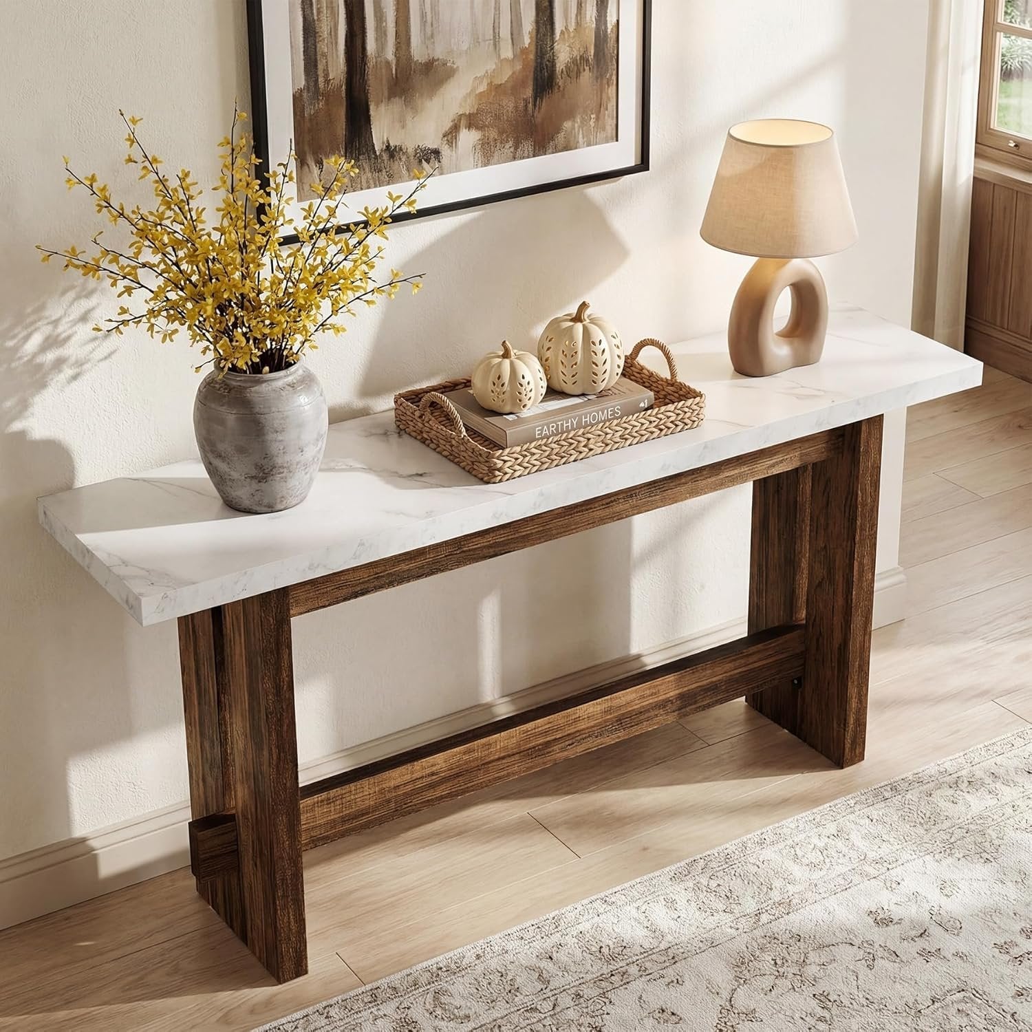 Tribesigns Console de 160 cm style ferme avec plateau effet marbre