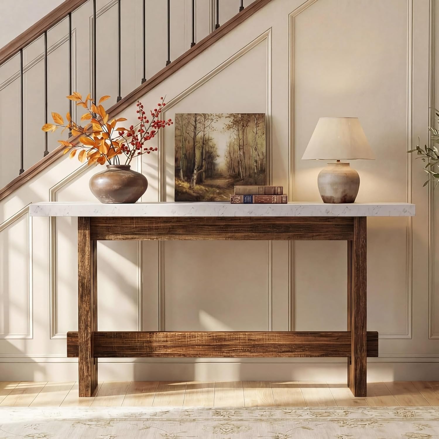 Tribesigns Console de 160 cm style ferme avec plateau effet marbre