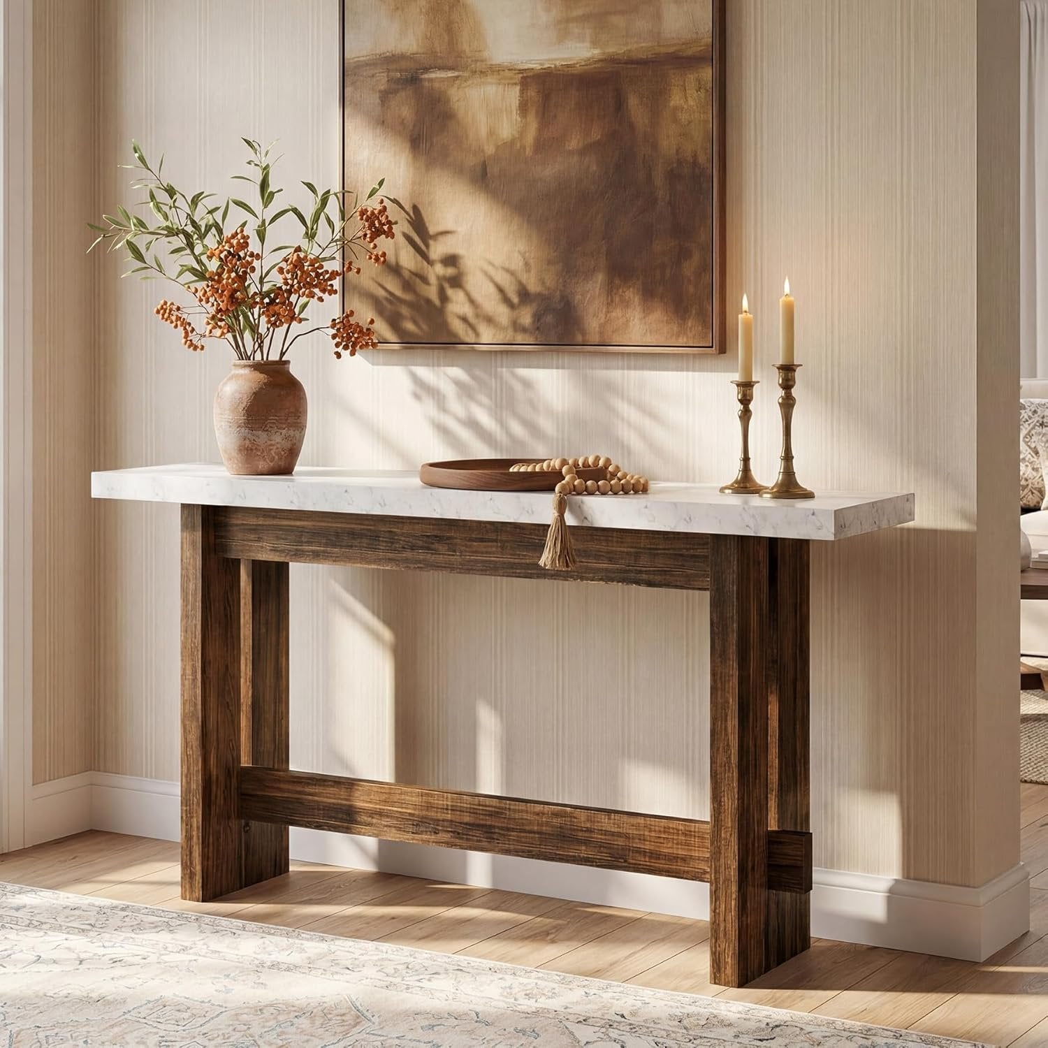 Tribesigns Console de 160 cm style ferme avec plateau effet marbre