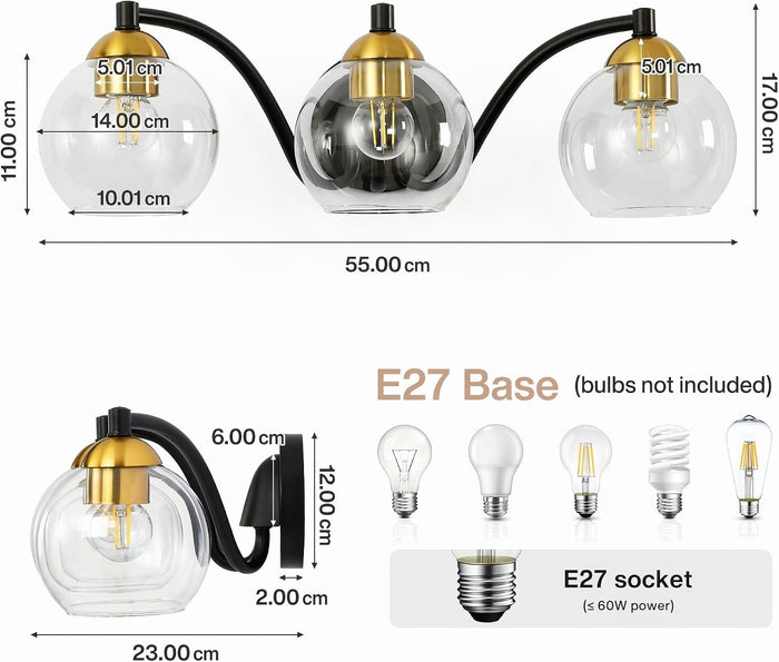 Tribesigns Applique Moderne pour Salle de Bain, 3 Globes en Verre, Structure Métallique, Dimmable, Culot E27