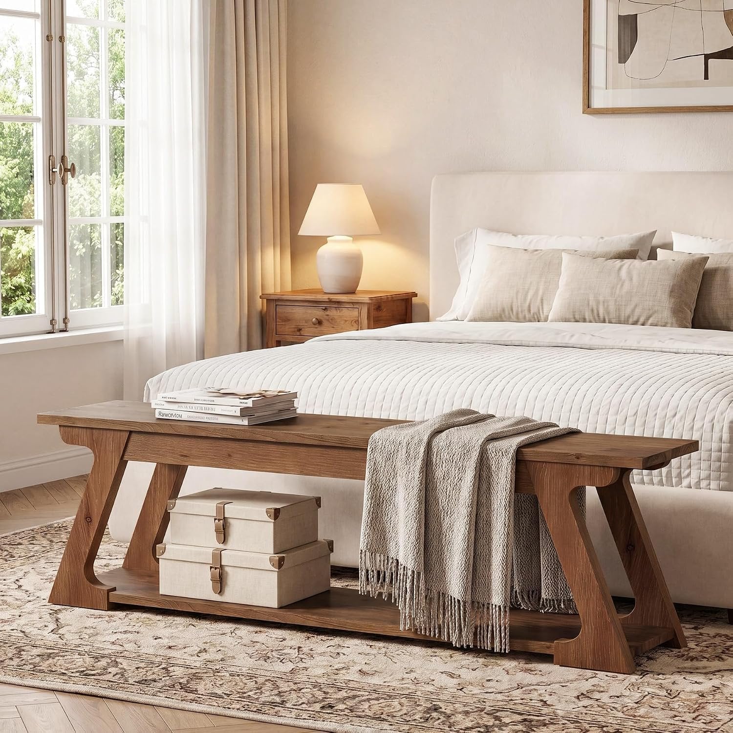 Banc d'entrée en bois massif de 150 cm de long avec compartiment de rangement, Long banc de style campagnard pour l'intérieur