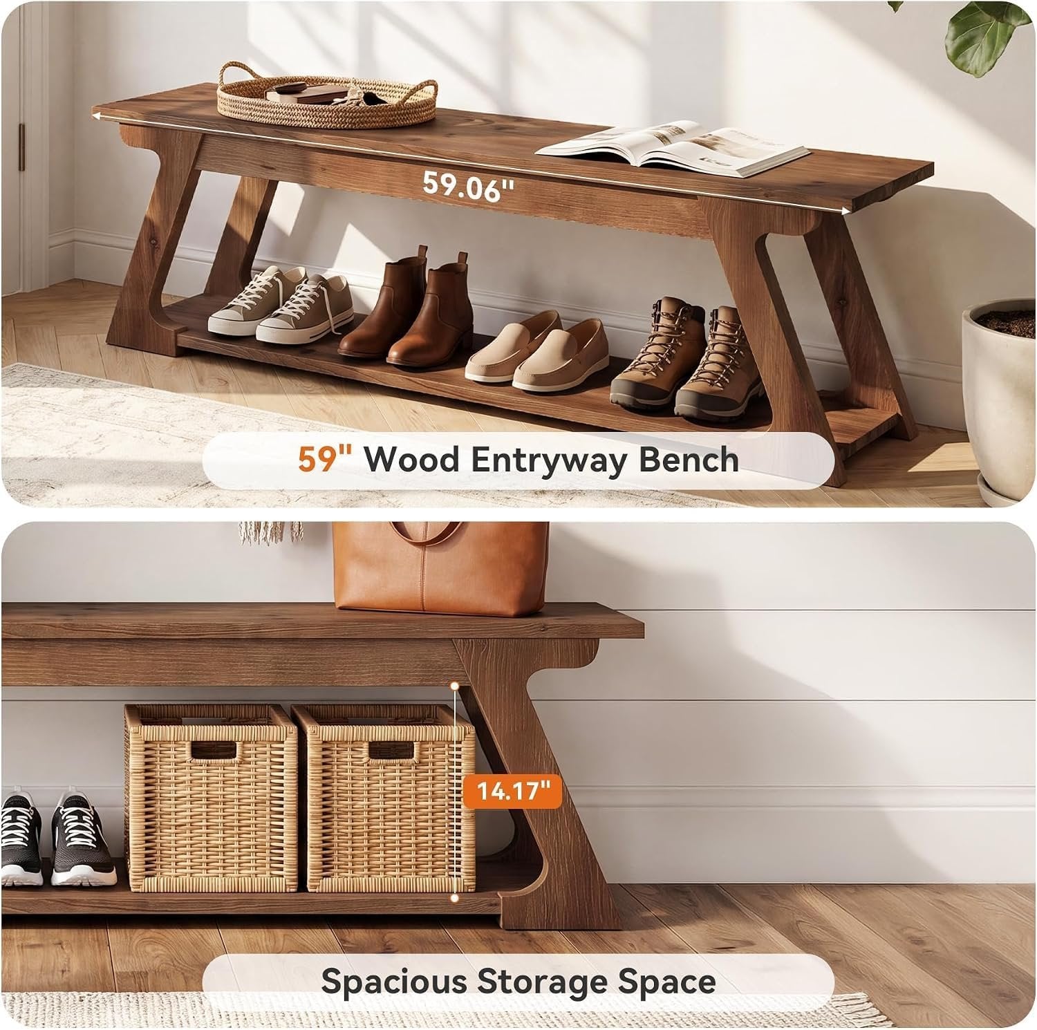 Banc d'entrée en bois massif de 150 cm de long avec compartiment de rangement, Long banc de style campagnard pour l'intérieur
