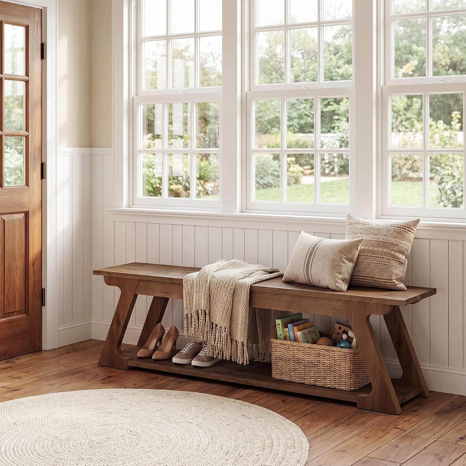 Banc d'entrée en bois massif de 150 cm de long avec compartiment de rangement, Long banc de style campagnard pour l'intérieur